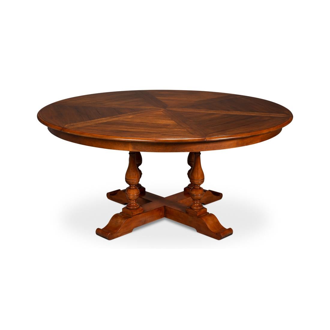 Featuring an Old World walnut finish, and a farmhouse-patterned walnut top, supported by four beautifully turned baluster wood uprights connected to a classic X-frame style base. 

This table incorporates a re-engineered extension mechanism, a