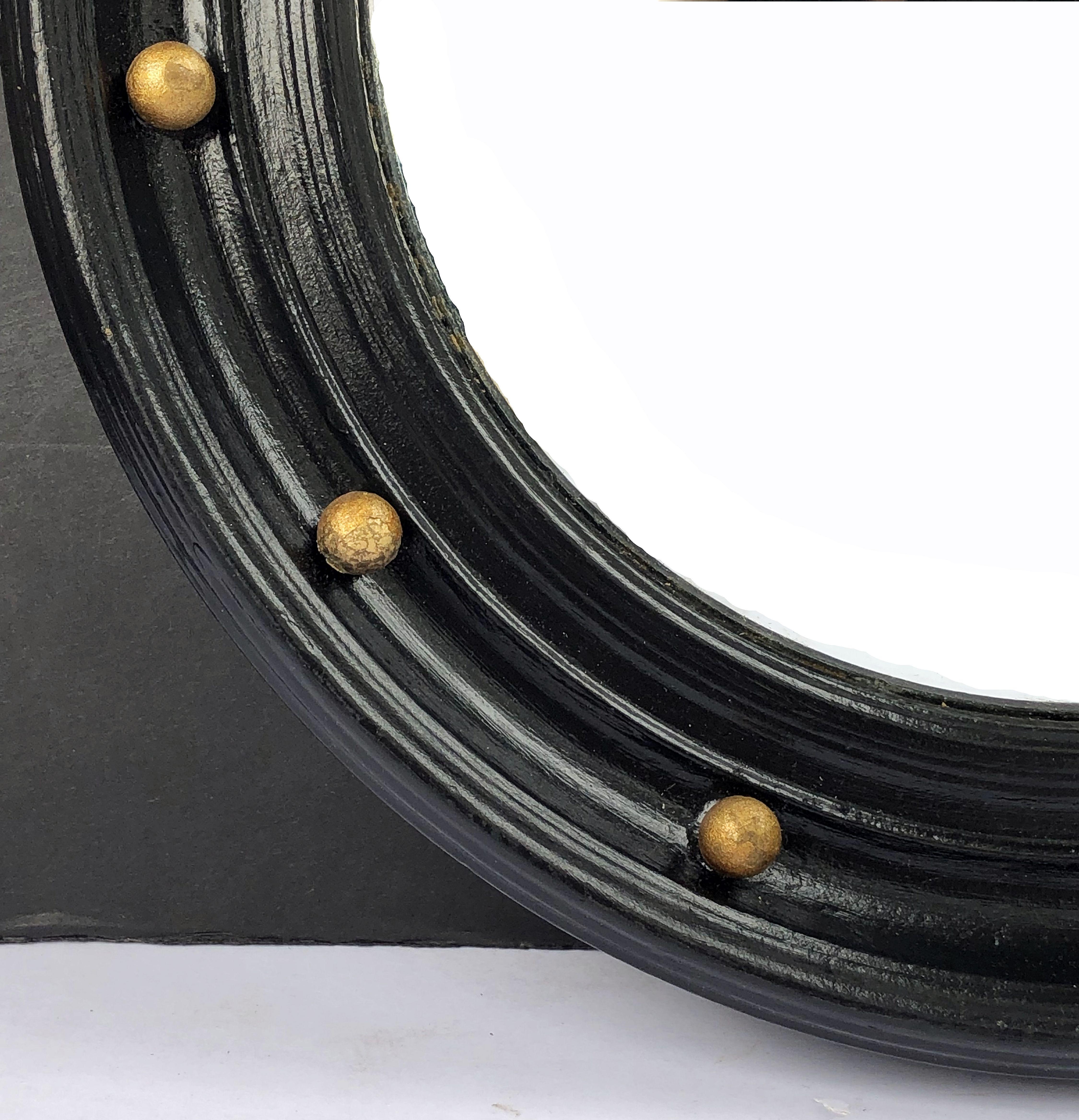 Plaster English Round Ebony Black and Gold Framed Convex Mirror (Diameter 14)