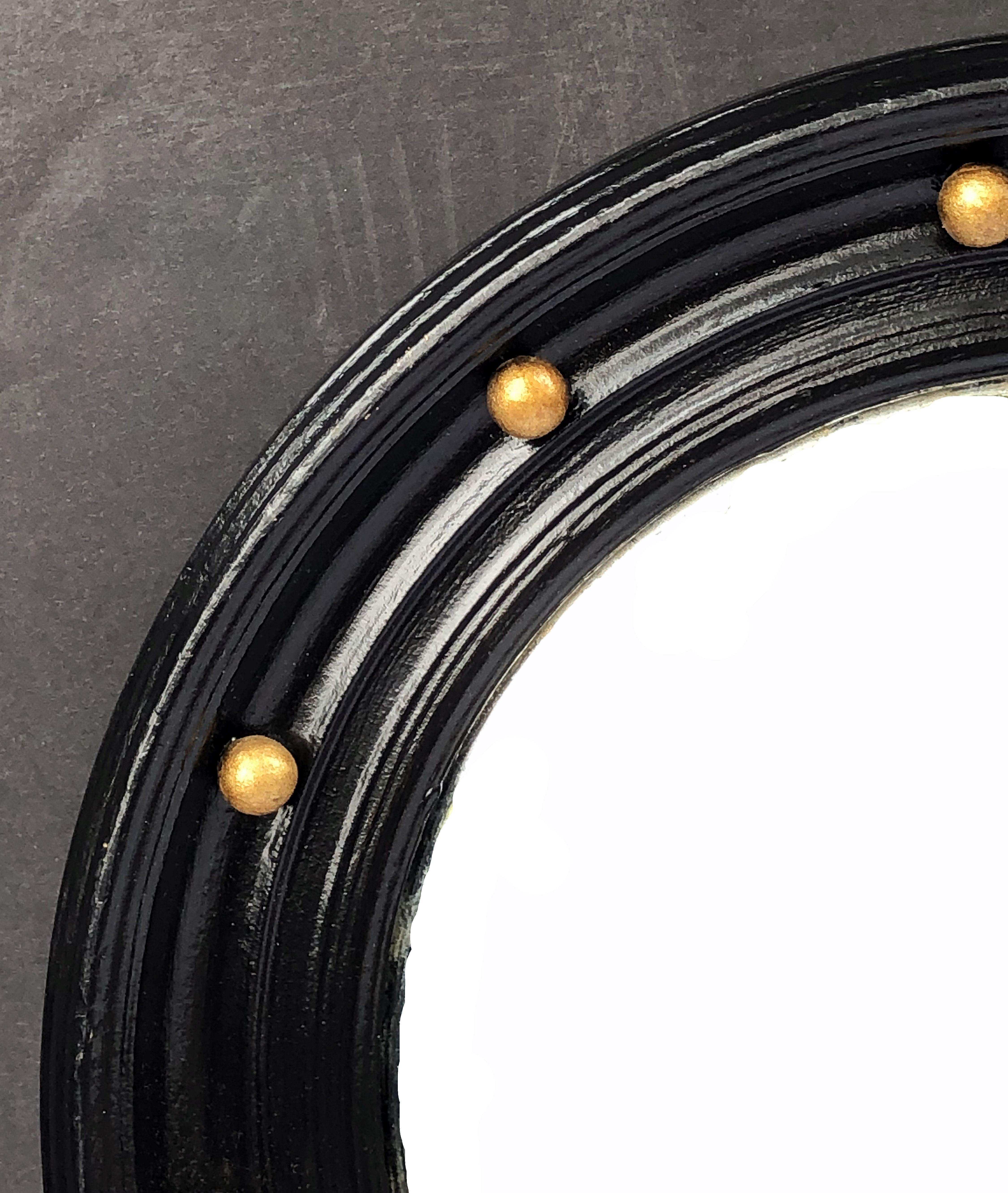 English Round Ebony Black and Gold Framed Convex Mirror (Diameter 14) 1