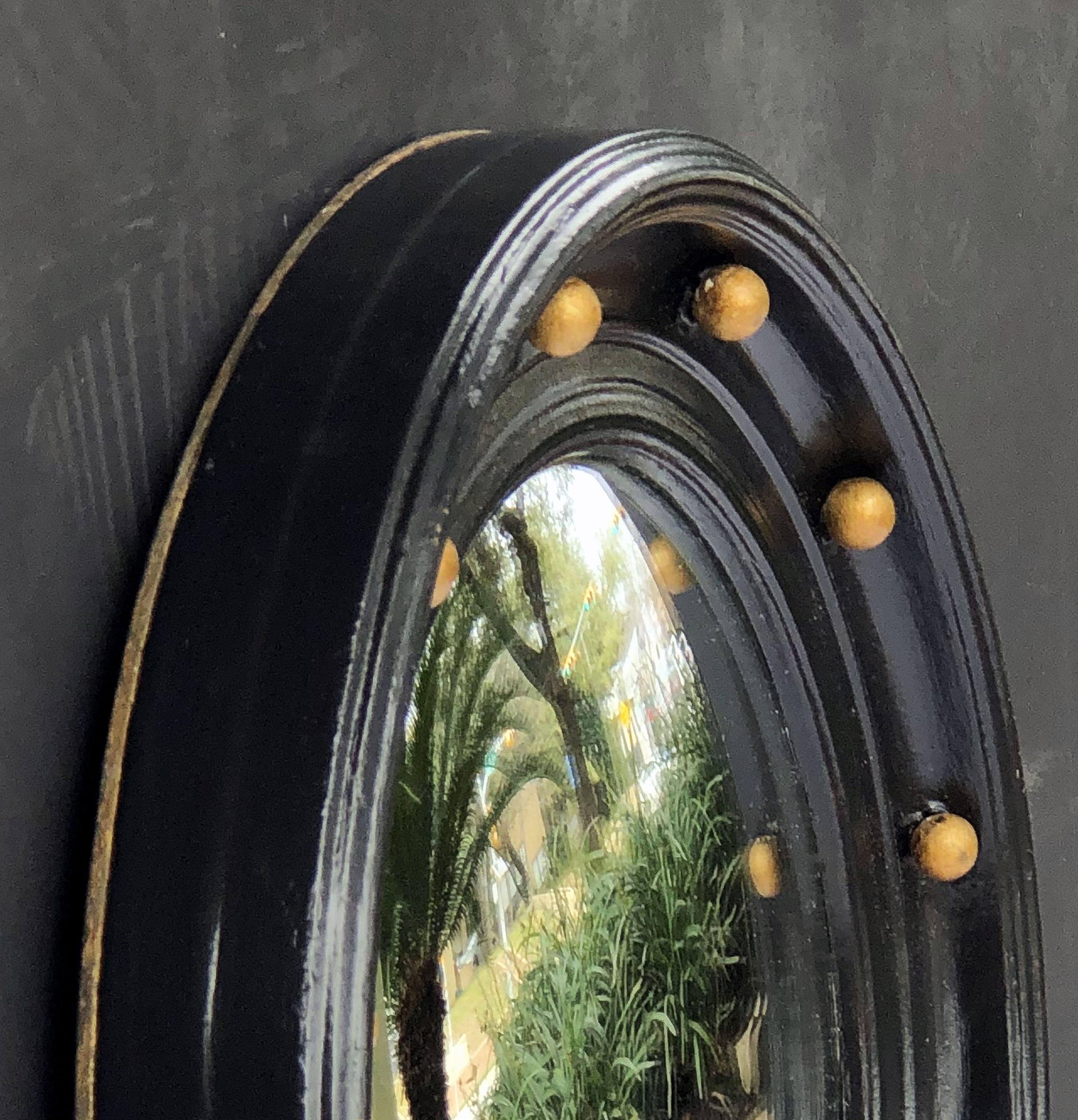 English Round Ebony Black and Gold Framed Convex Mirror (Diameter 14) 2