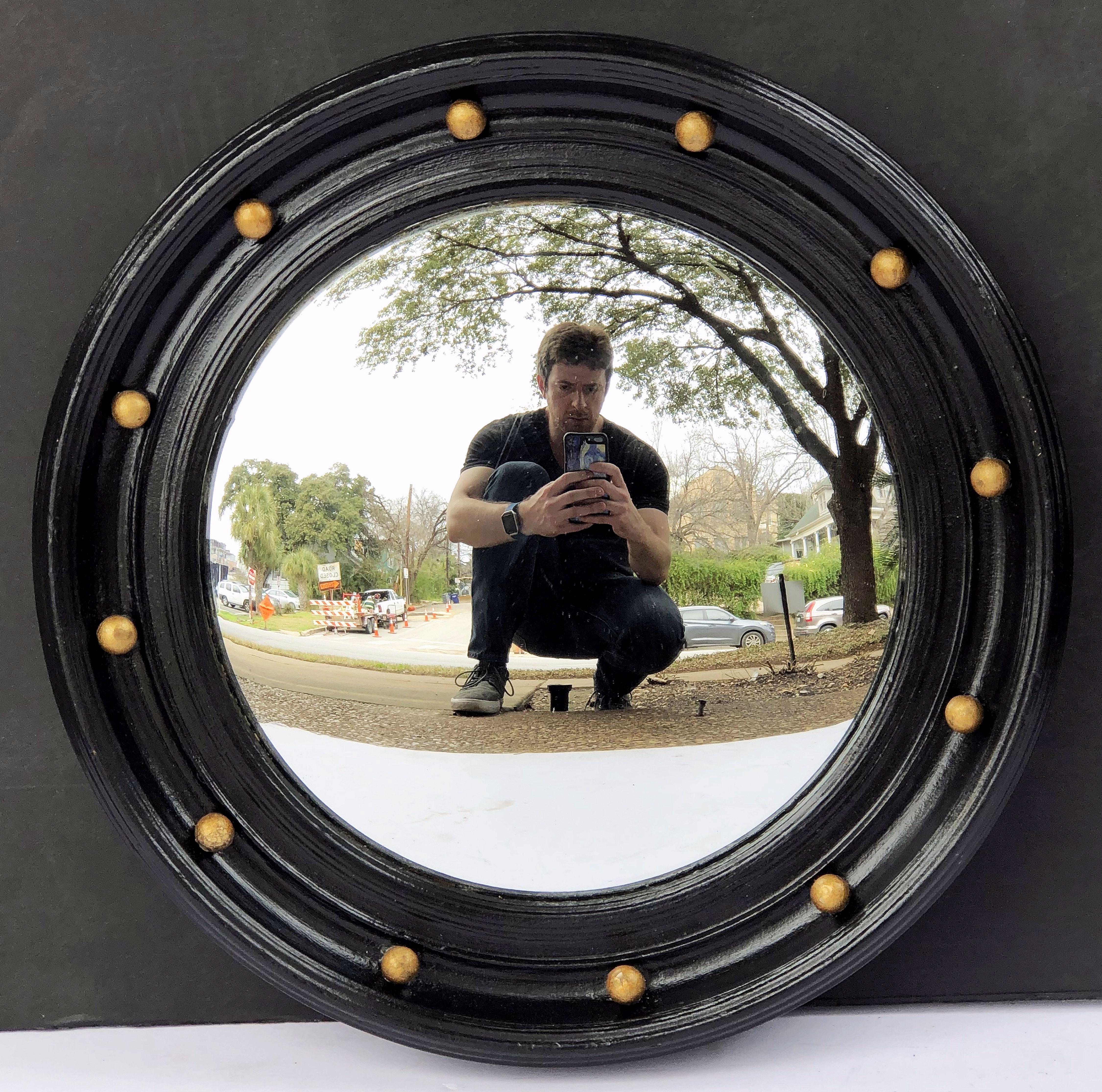 English Round Ebony Black and Gold Framed Convex Mirror (Diameter 14) 7