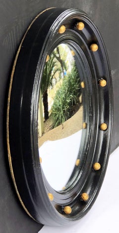 English Round Ebony Black and Gold Framed Convex Mirror (Diameter 14)