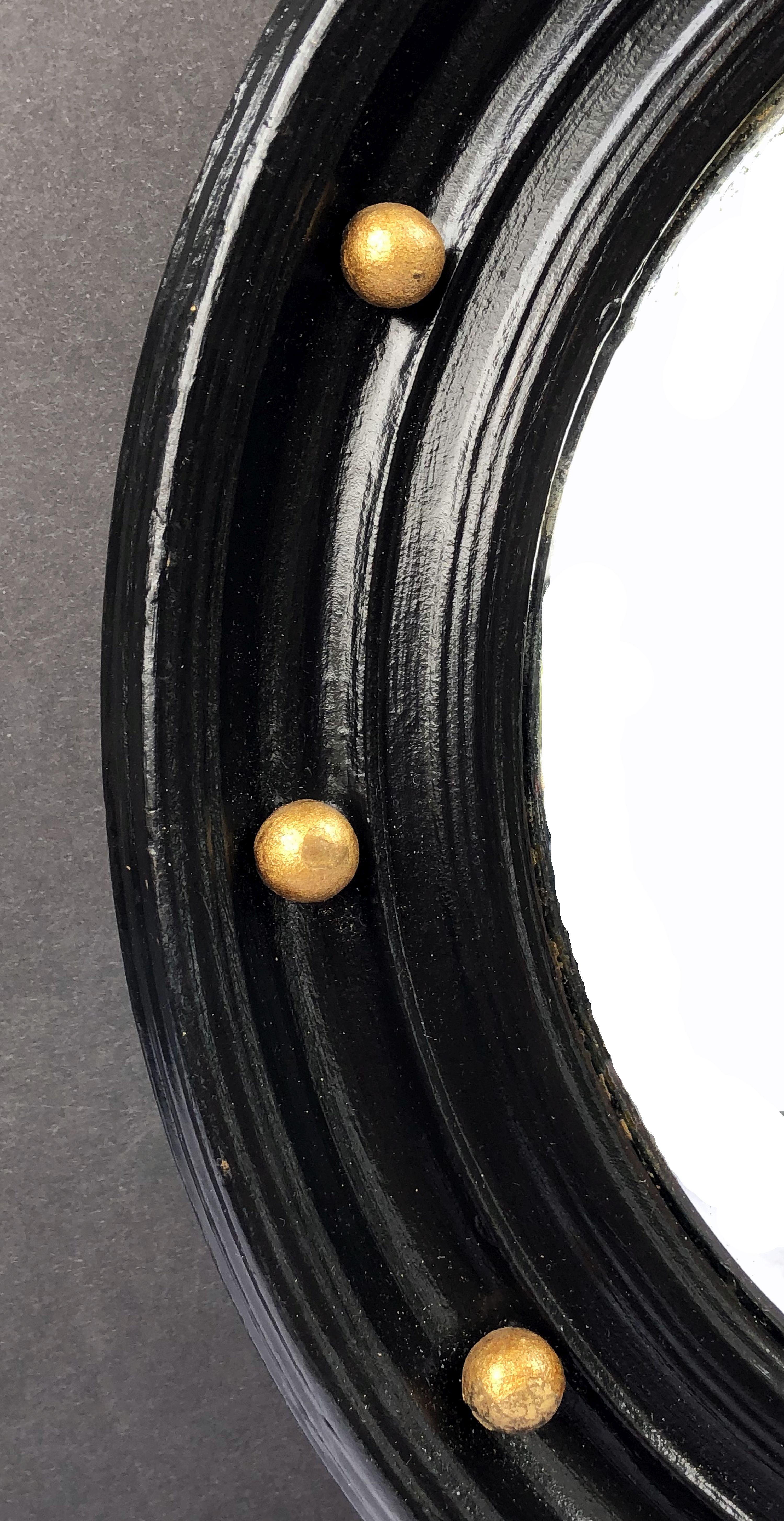 20th Century English Round Ebony Black and Gold Framed Convex Mirror (Diameter 14)