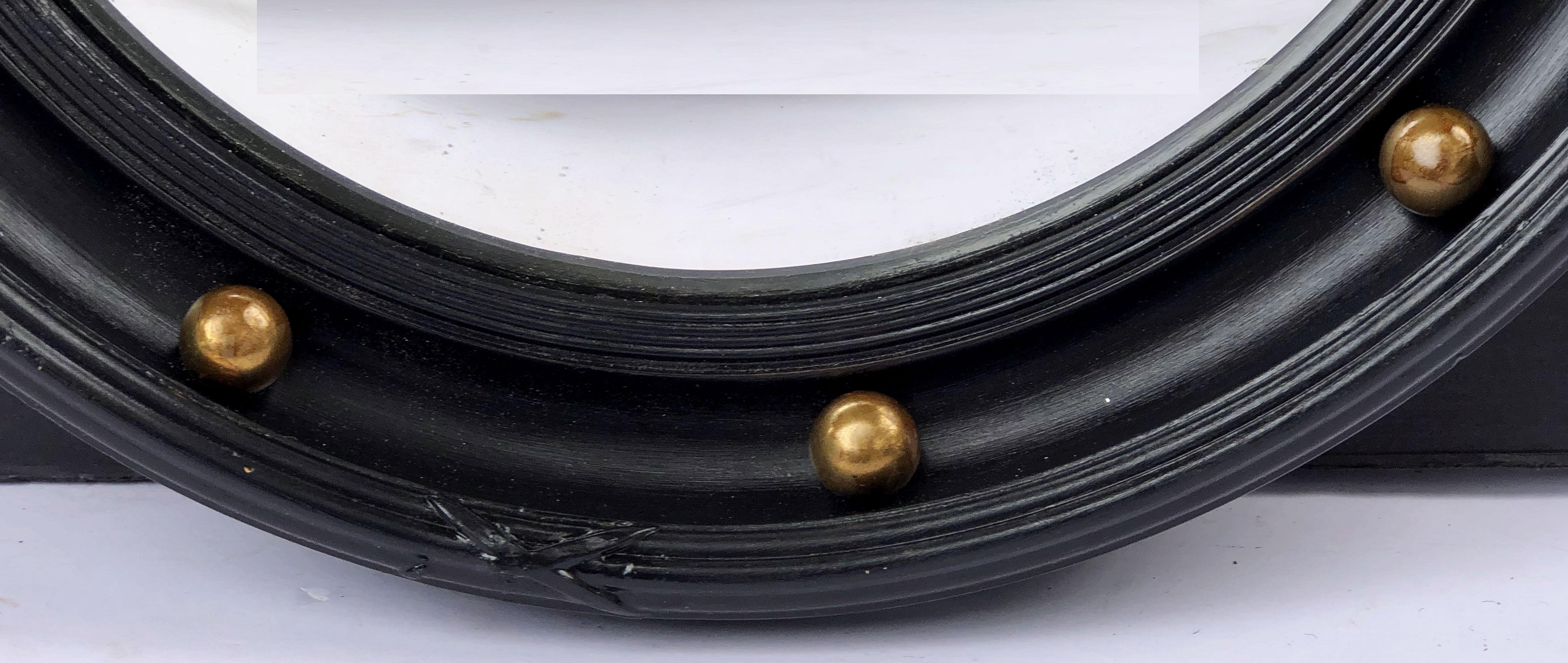 20th Century English Round Ebony Black and Gold Framed Convex Mirror (Diameter 15 1/2)