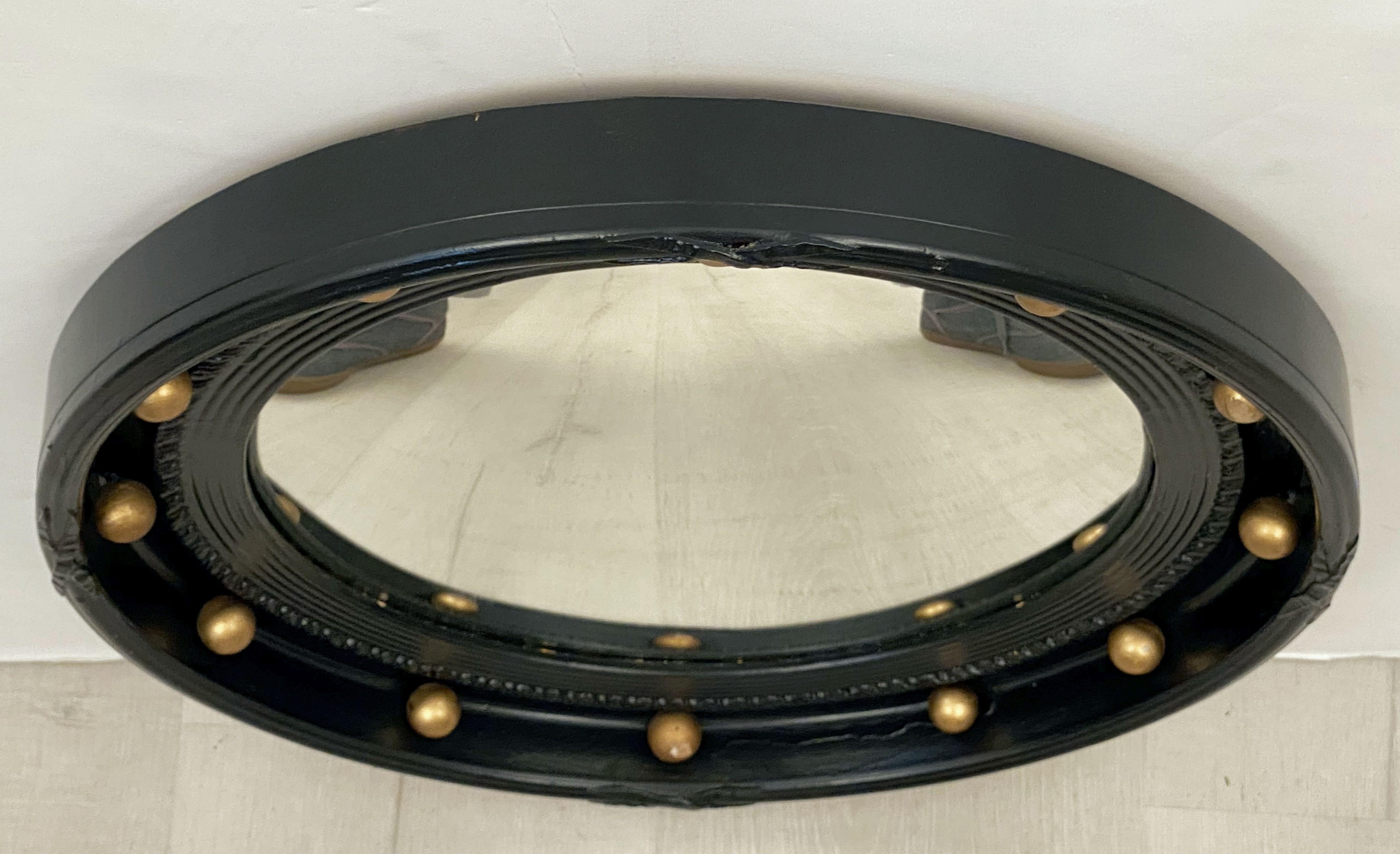 Regency English Round Ebony Black and Gold Framed Convex Mirror (Diameter 15 7/8)