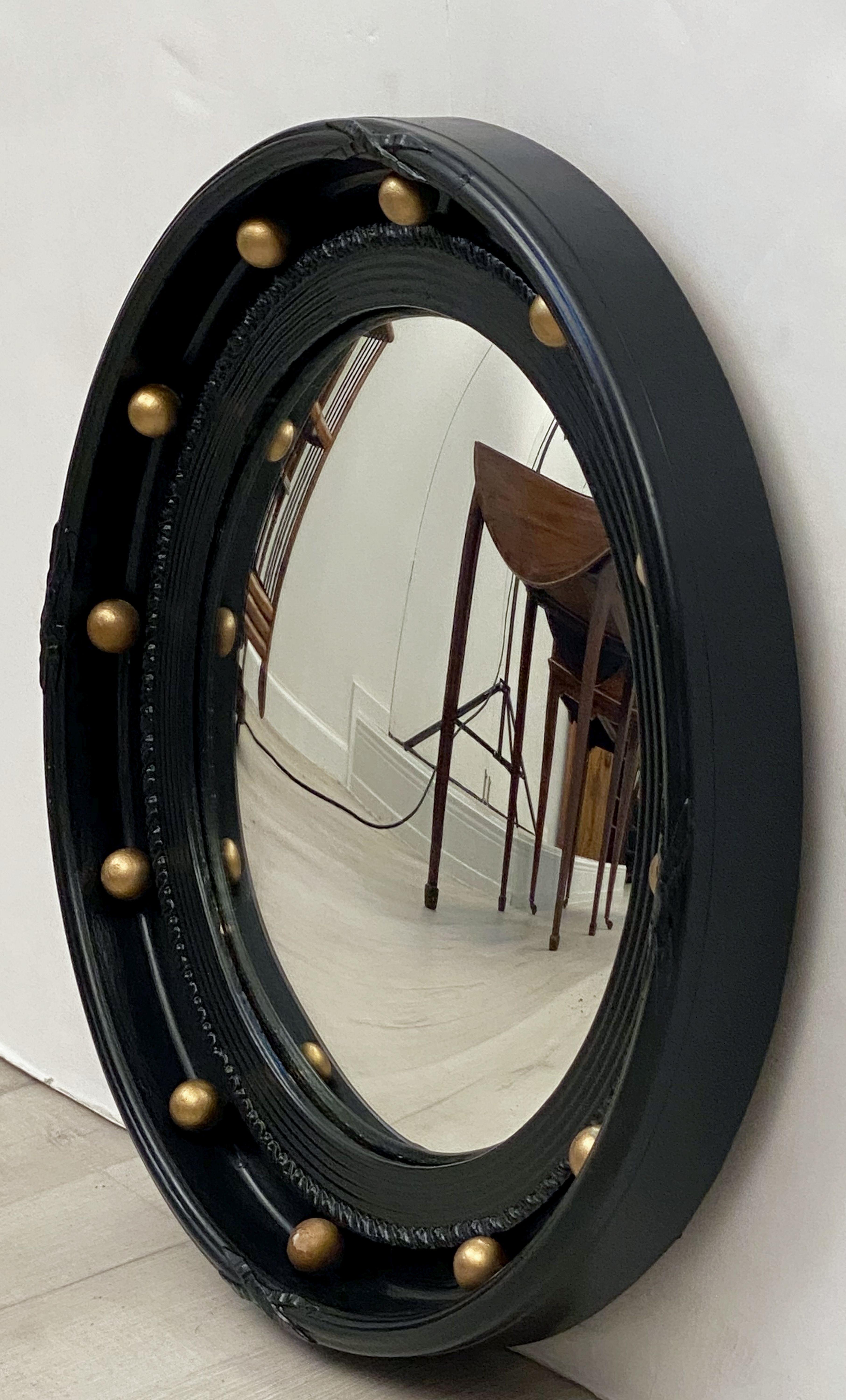 Gilt English Round Ebony Black and Gold Framed Convex Mirror (Diameter 15 7/8)