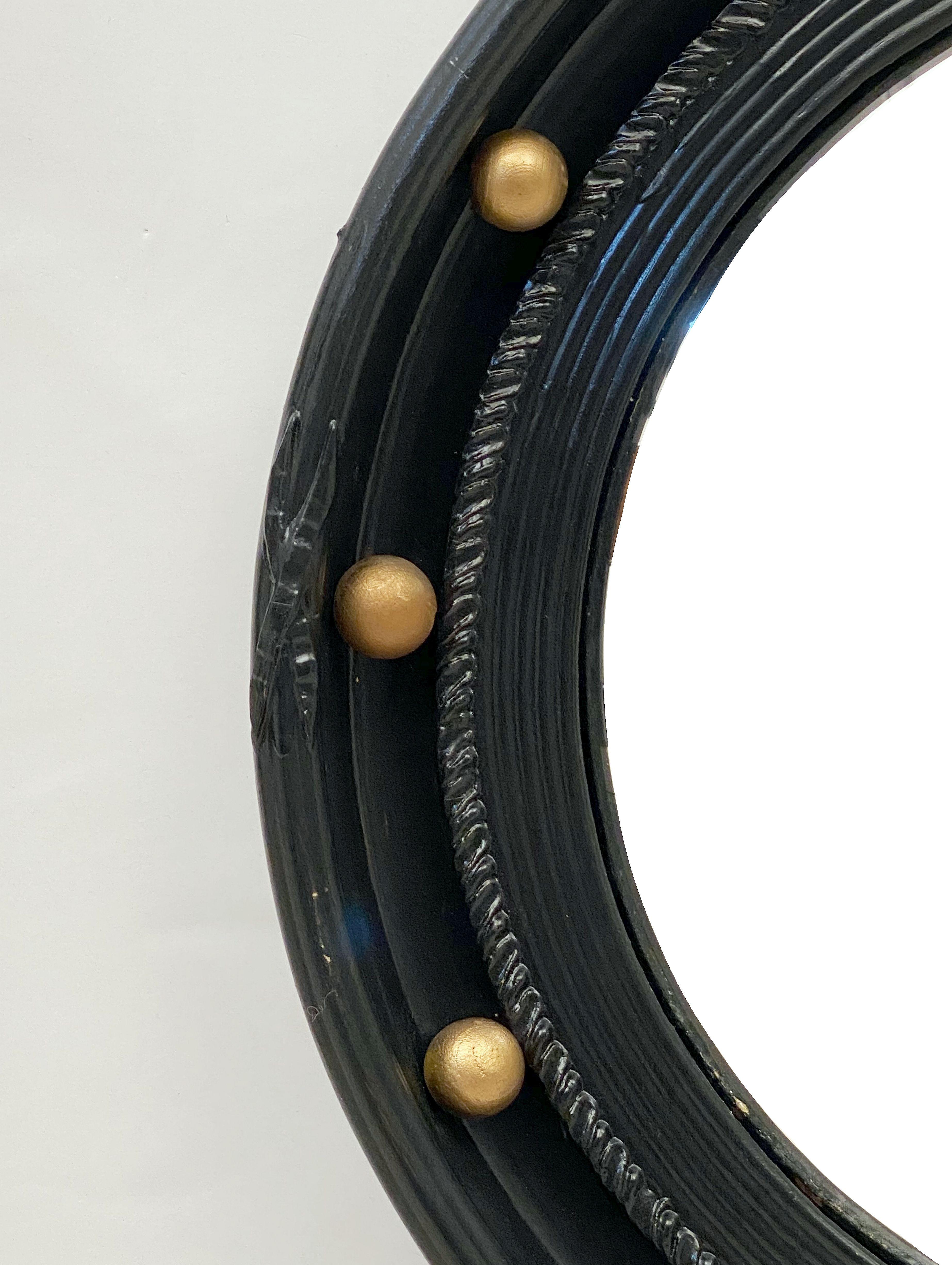 Plaster English Round Ebony Black and Gold Framed Convex Mirror (Diameter 15 7/8)