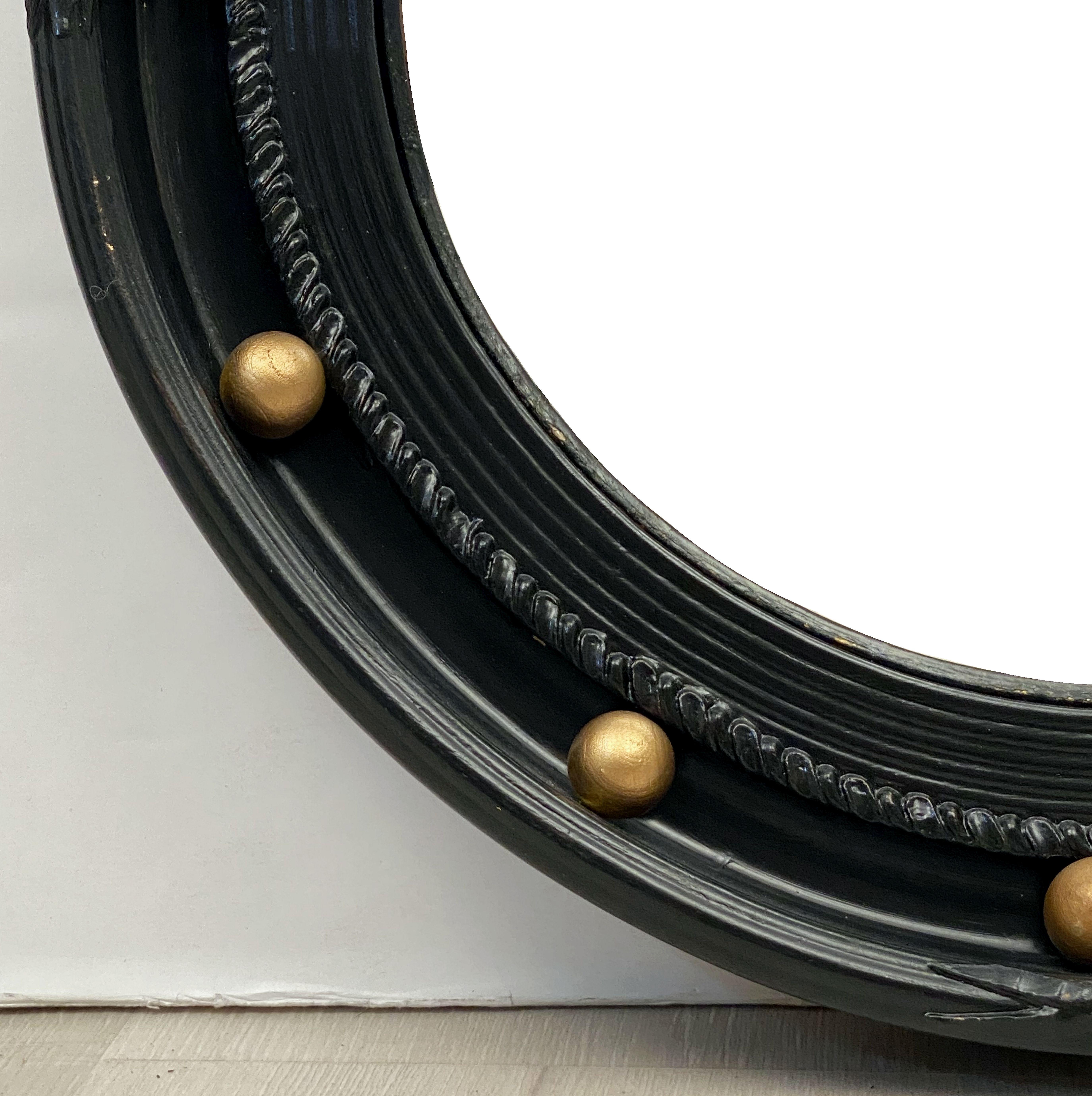 English Round Ebony Black and Gold Framed Convex Mirror (Diameter 15 7/8) 1