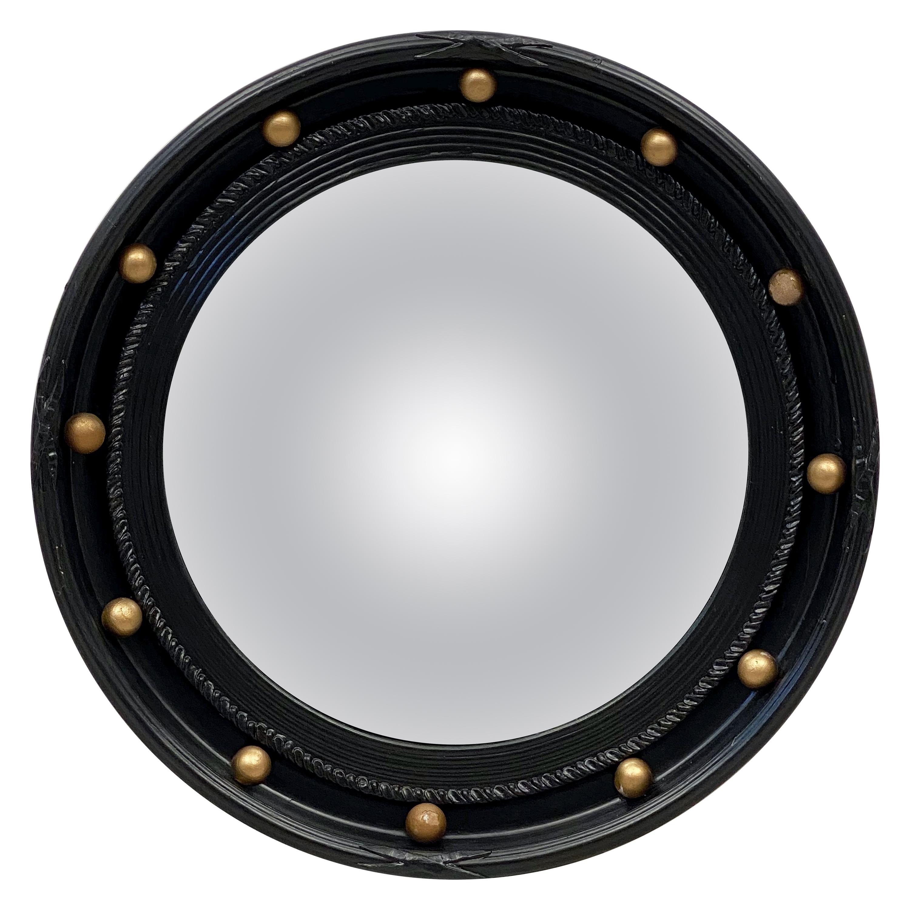 English Round Ebony Black and Gold Framed Convex Mirror (Diameter 15 7/8)