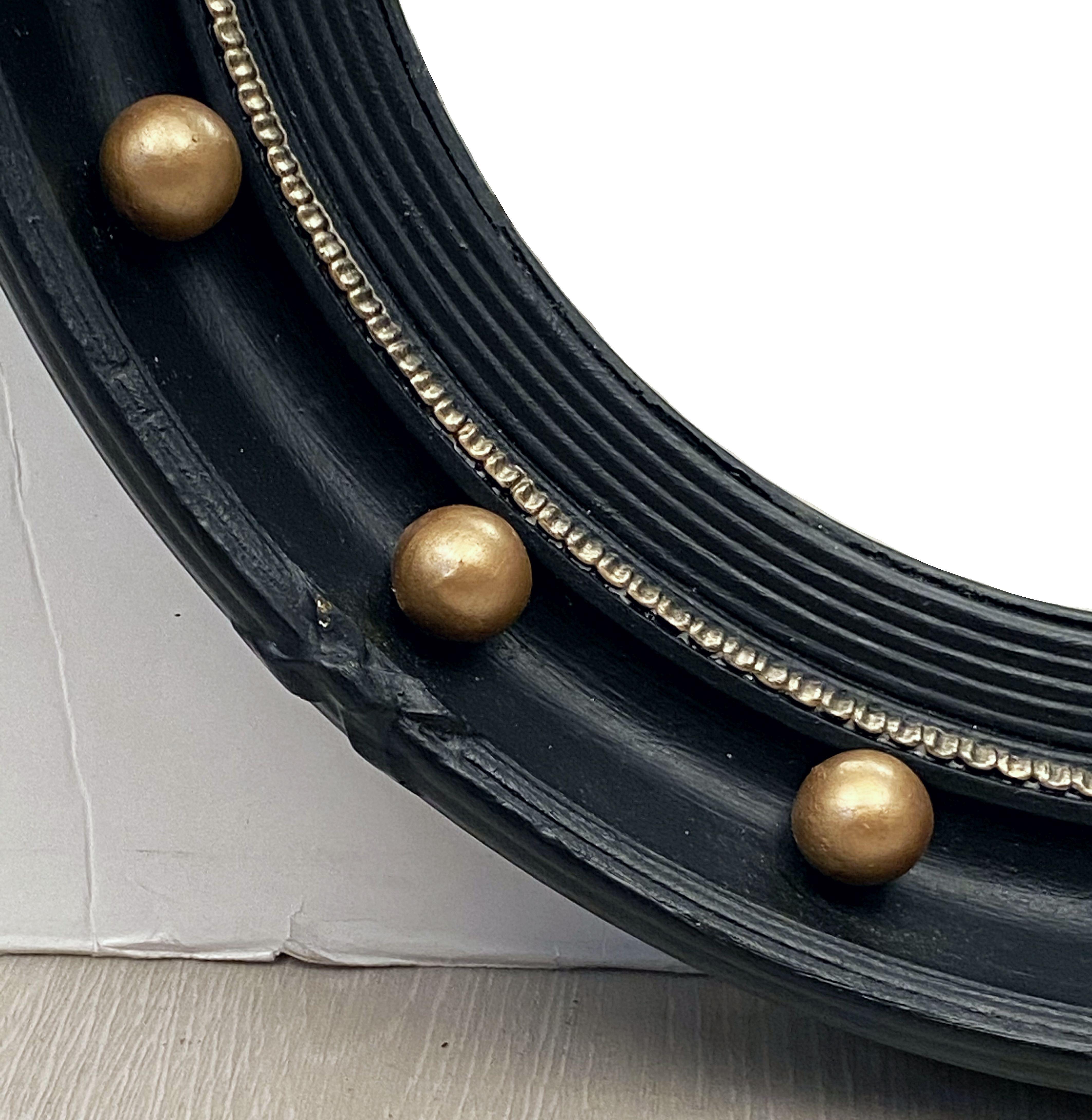 English Round Ebony Black and Gold Framed Convex Mirror (Diameter 16 1/4) 3