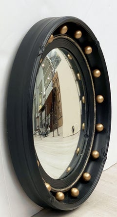 English Round Ebony Black and Gold Framed Convex Mirror (Diameter 16 1/4)