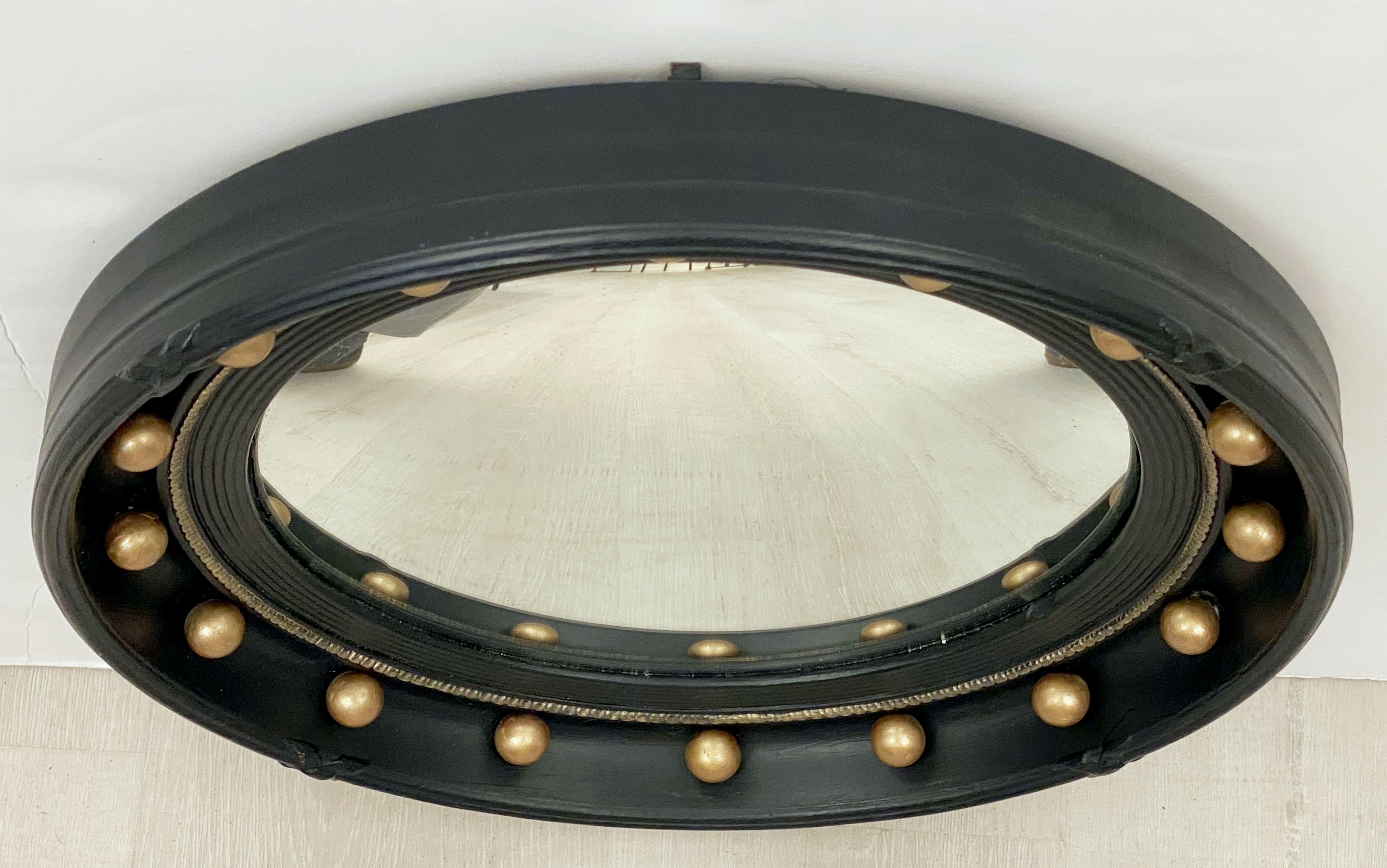 Regency English Round Ebony Black and Gold Framed Convex Mirror (Diameter 16 1/4)