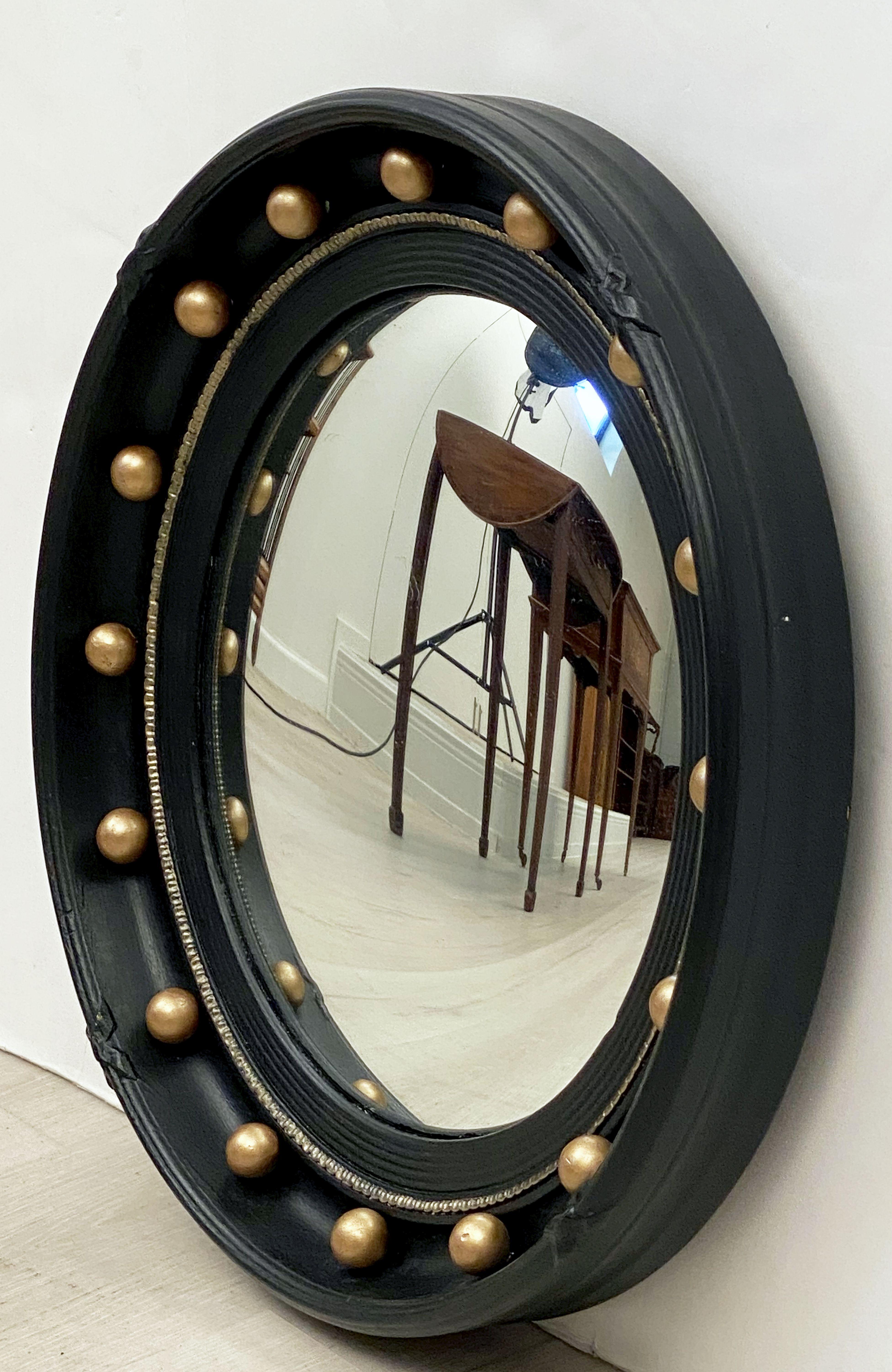 Gilt English Round Ebony Black and Gold Framed Convex Mirror (Diameter 16 1/4)