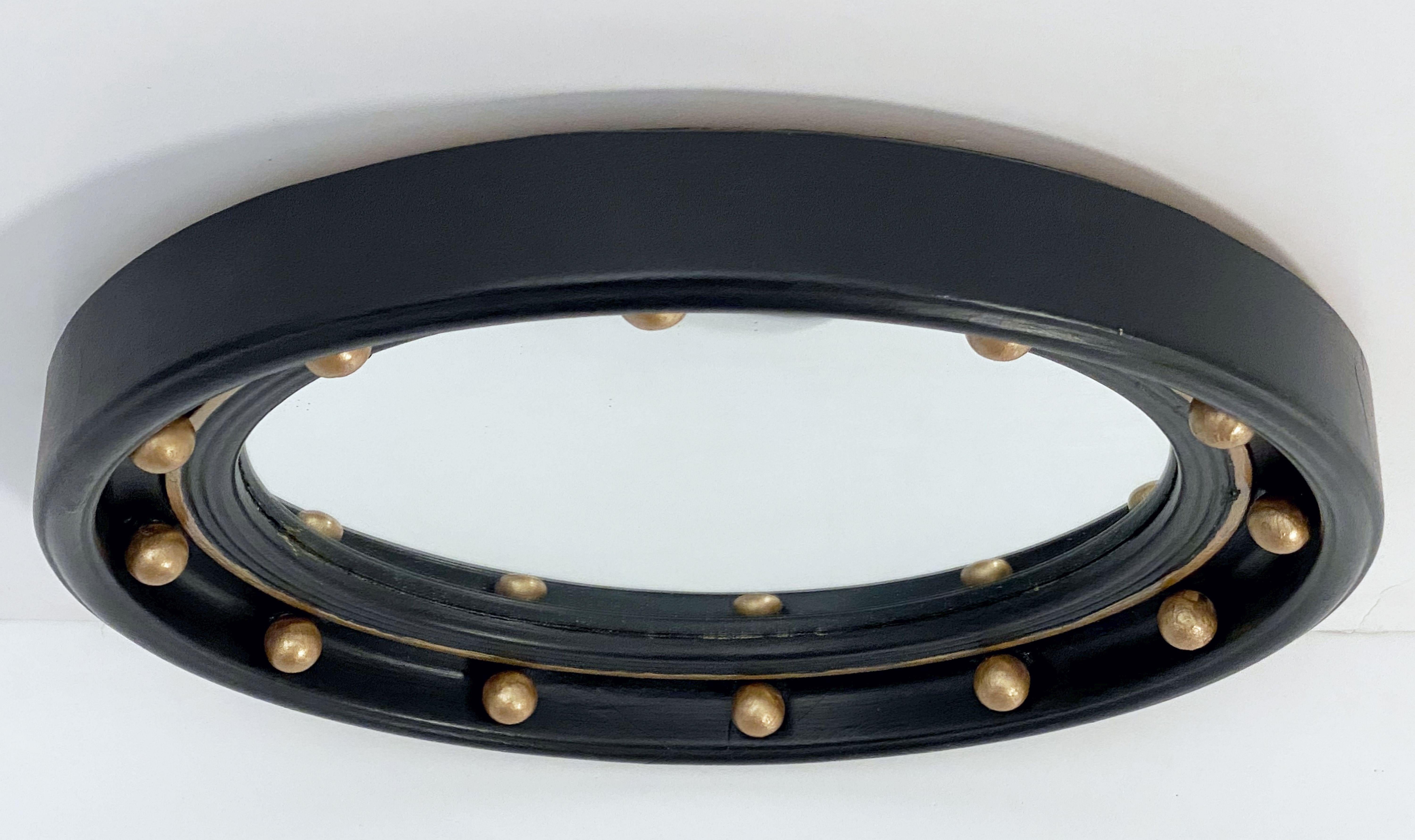 Regency English Round Ebony Black and Gold Framed Convex Mirror (Diameter 16 14)