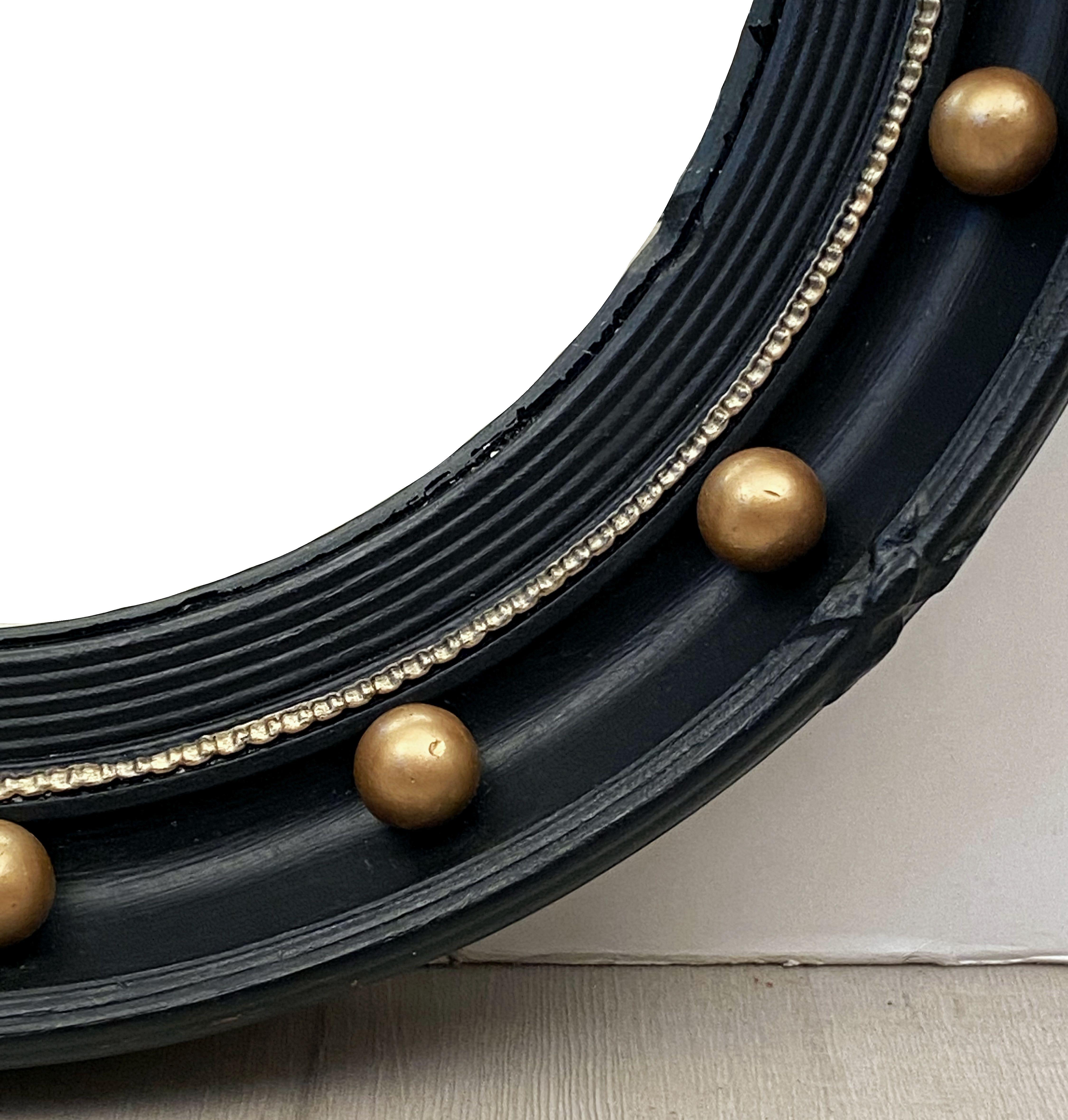 English Round Ebony Black and Gold Framed Convex Mirror (Diameter 16 1/4) 1