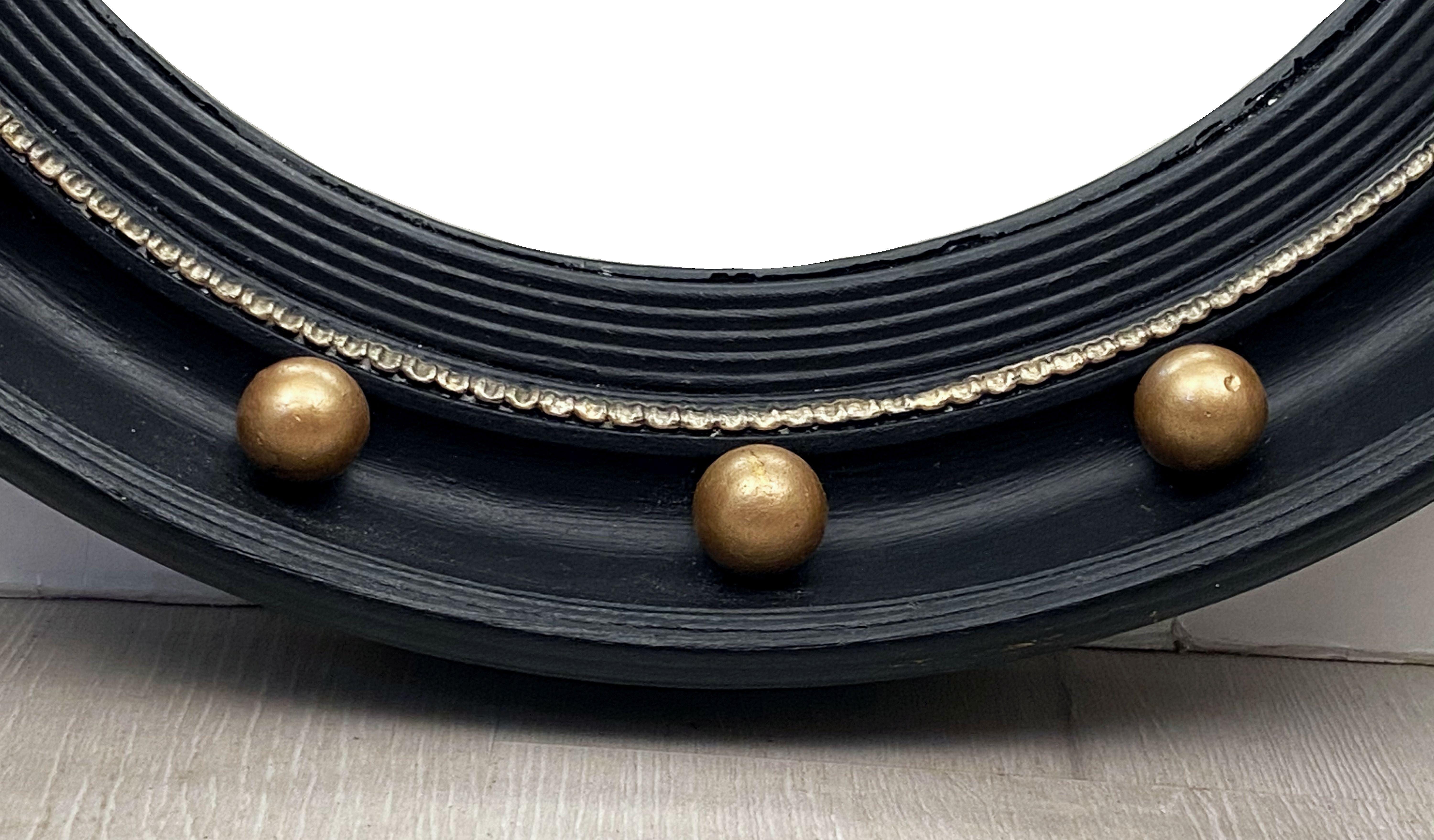 English Round Ebony Black and Gold Framed Convex Mirror (Diameter 16 1/4) 2