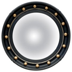 English Round Ebony Black and Gold Framed Convex Mirror (Diameter 16 1/4)