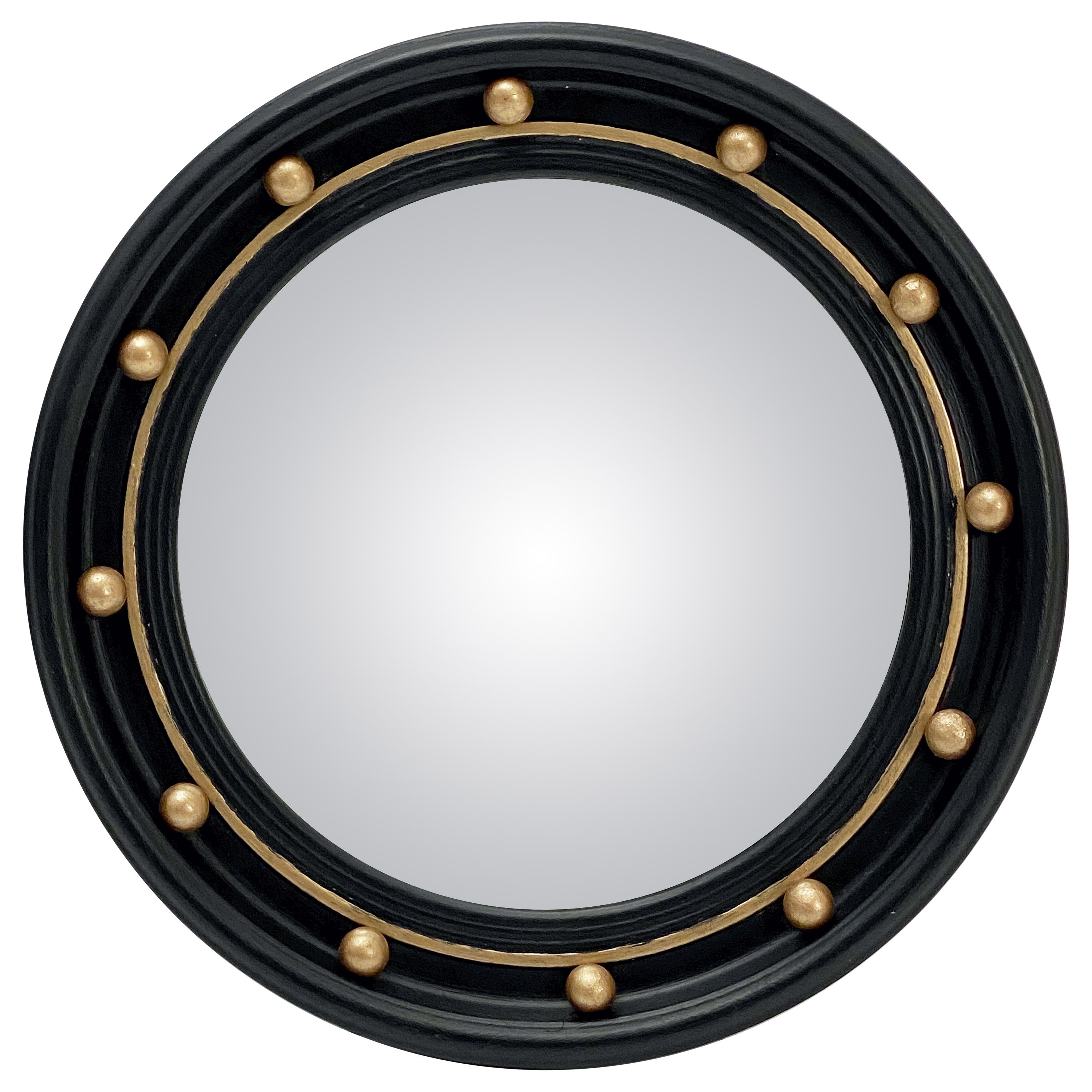 English Round Ebony Black and Gold Framed Convex Mirror (Diameter 16 14)