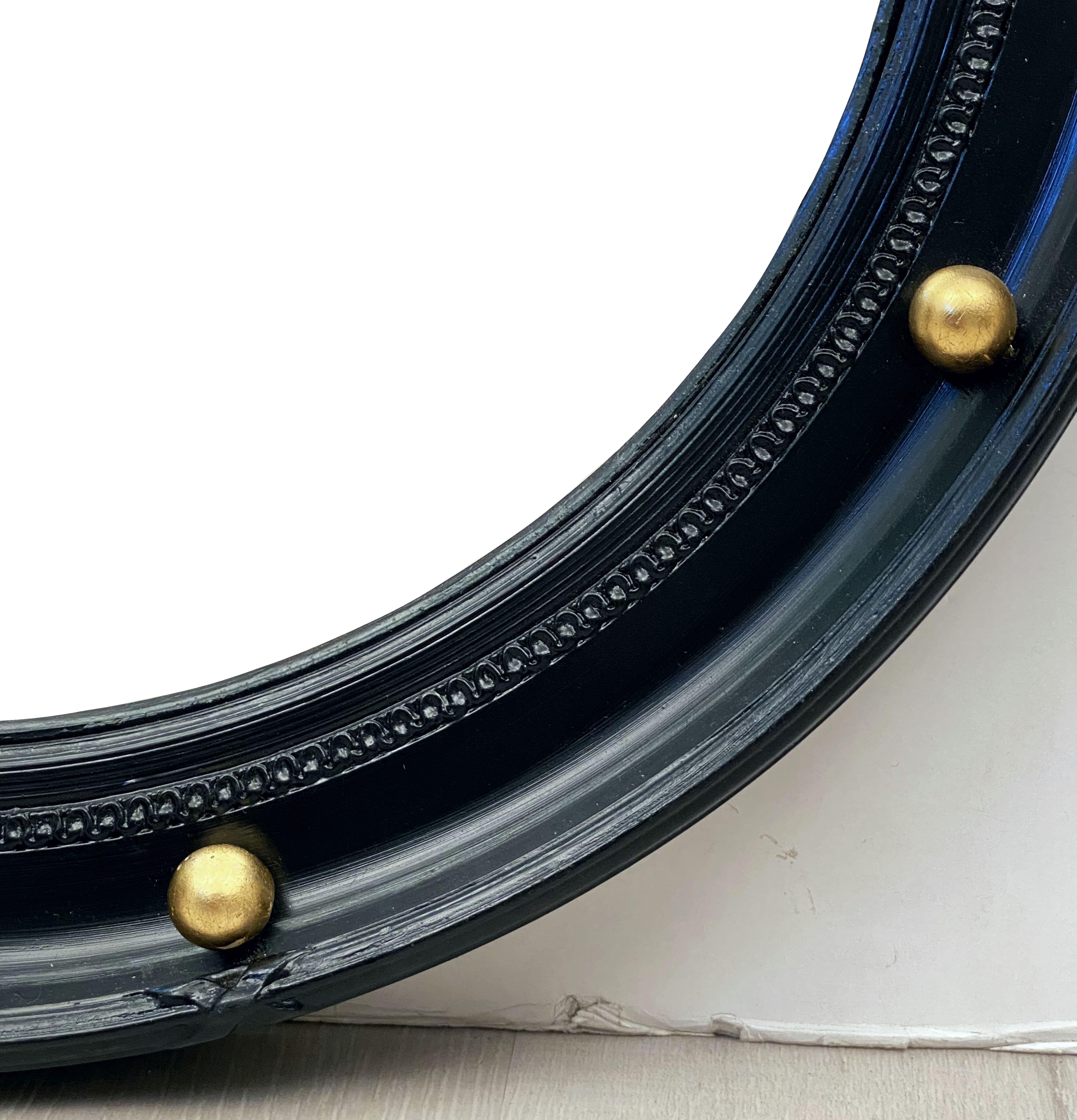 English Round Ebony Black and Gold Framed Convex Mirror 3