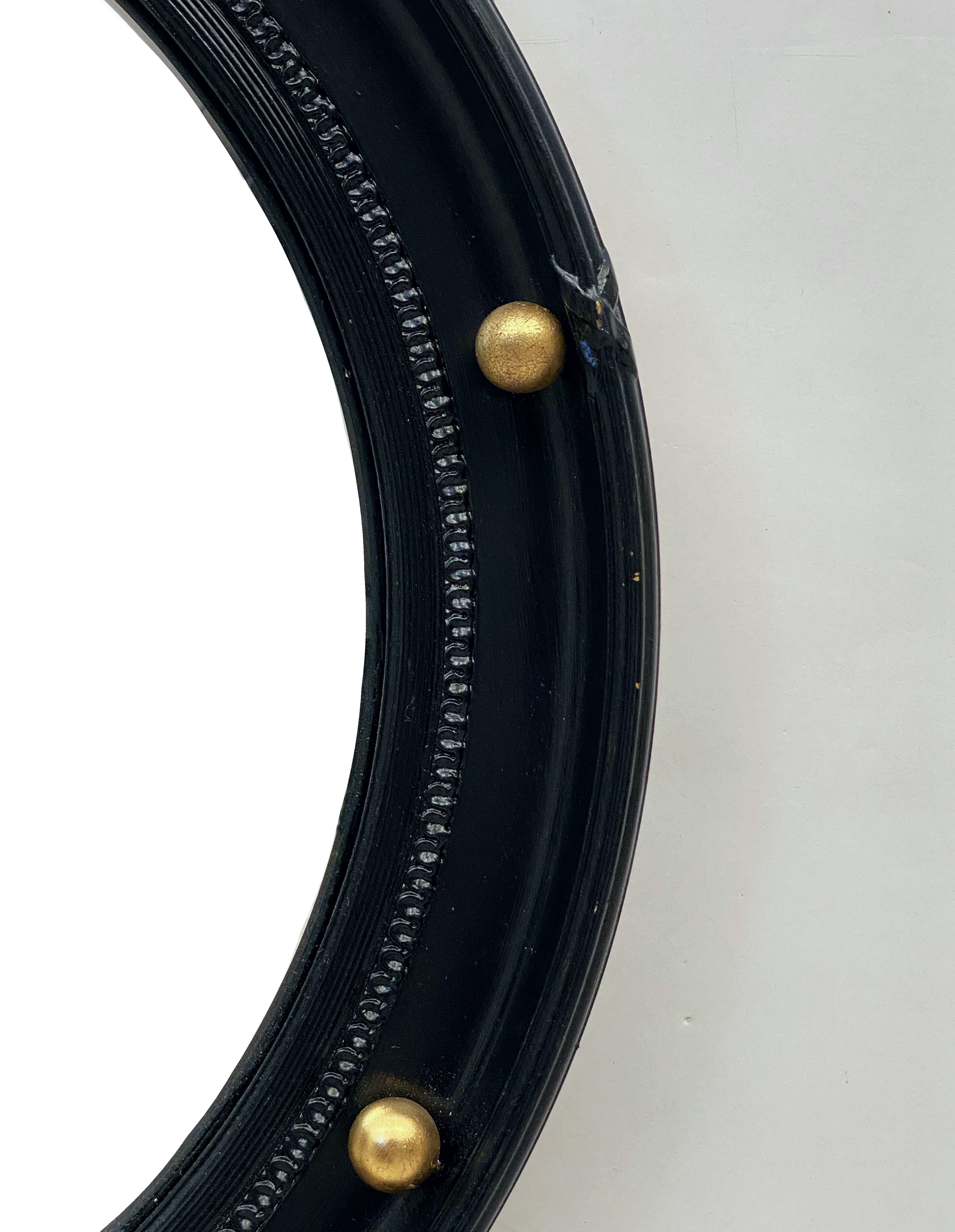 English Round Ebony Black and Gold Framed Convex Mirror 4