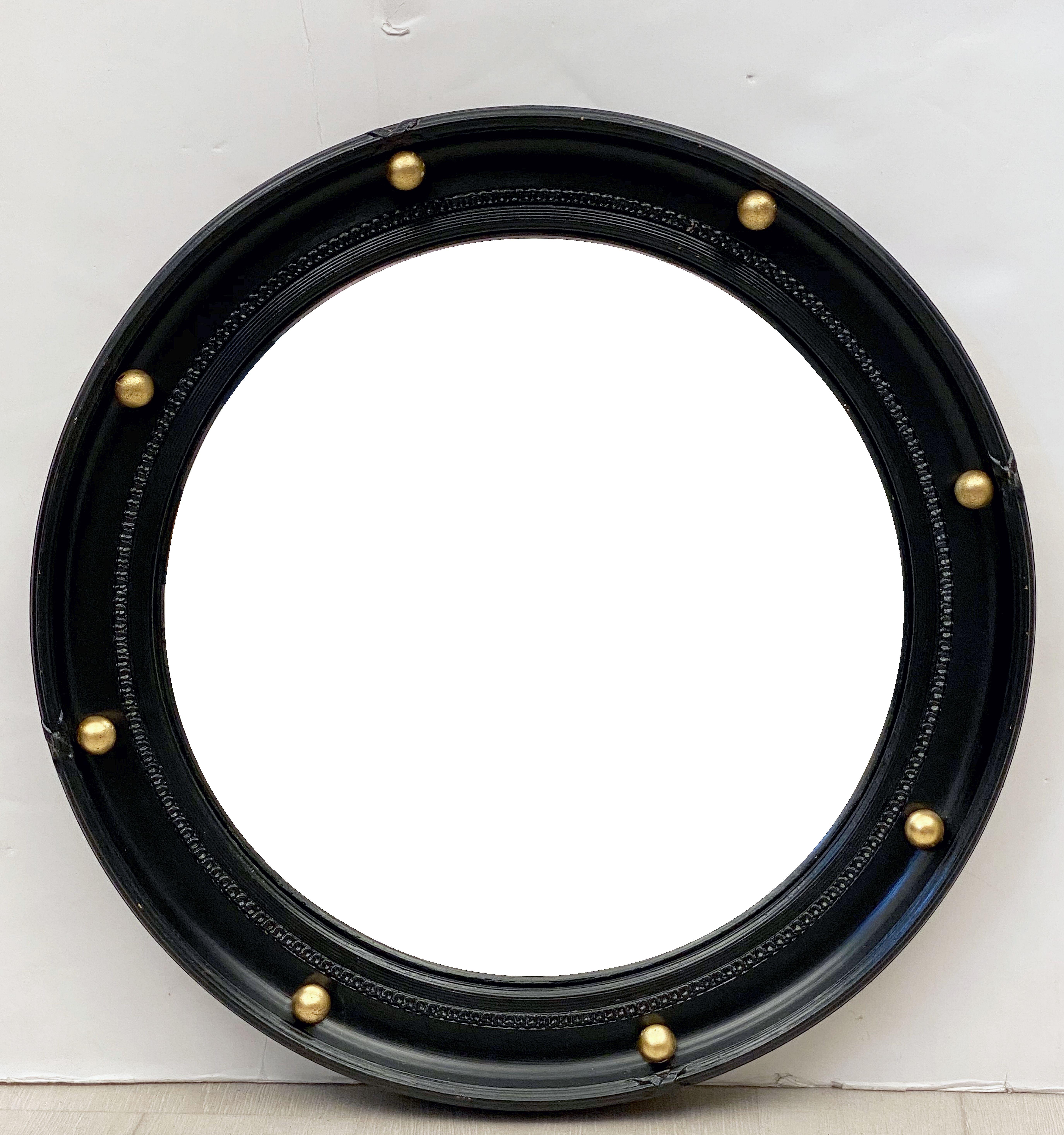 English Round Ebony Black and Gold Framed Convex Mirror 6