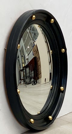 English Round Ebony Black and Gold Framed Convex Mirror