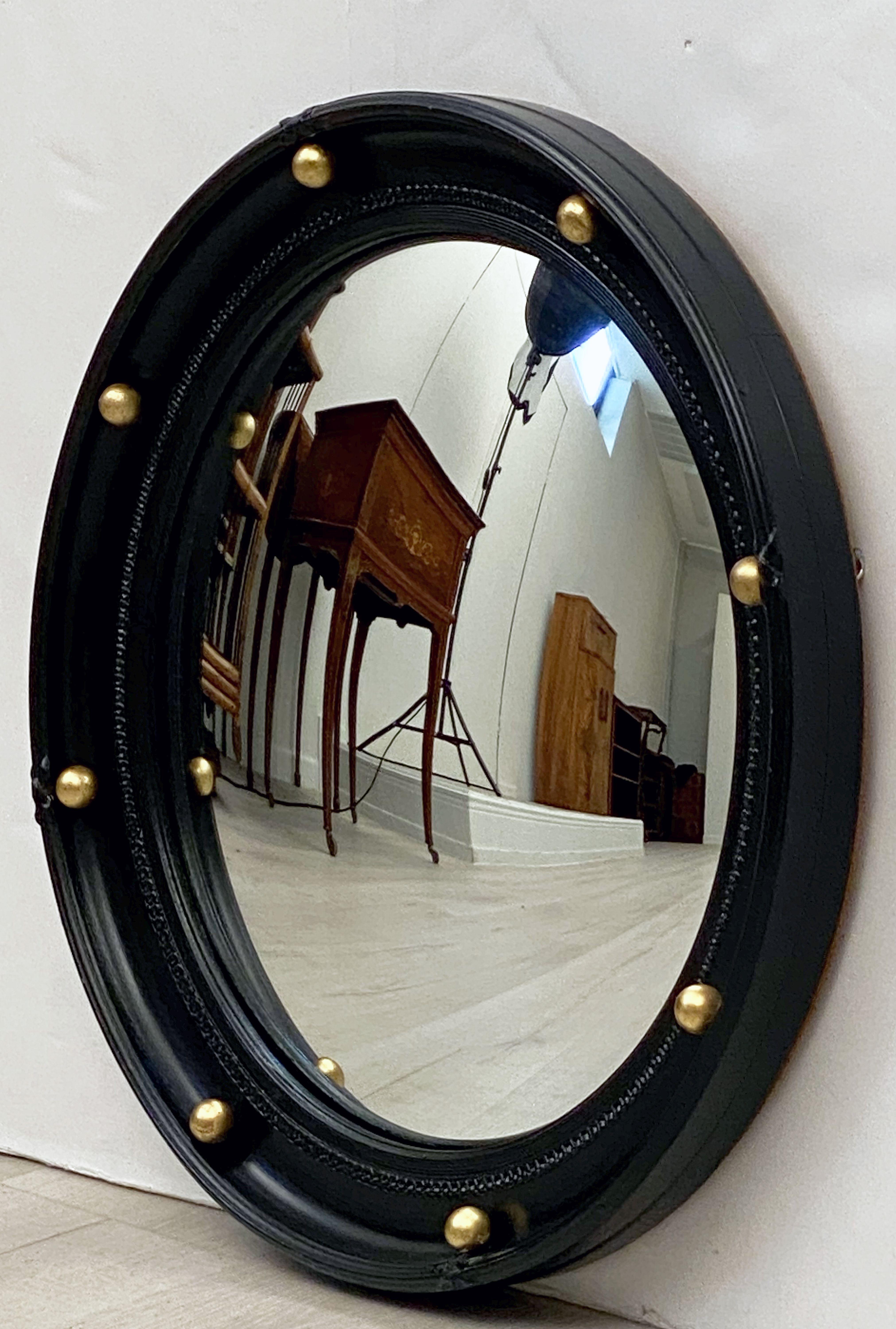 Gilt English Round Ebony Black and Gold Framed Convex Mirror