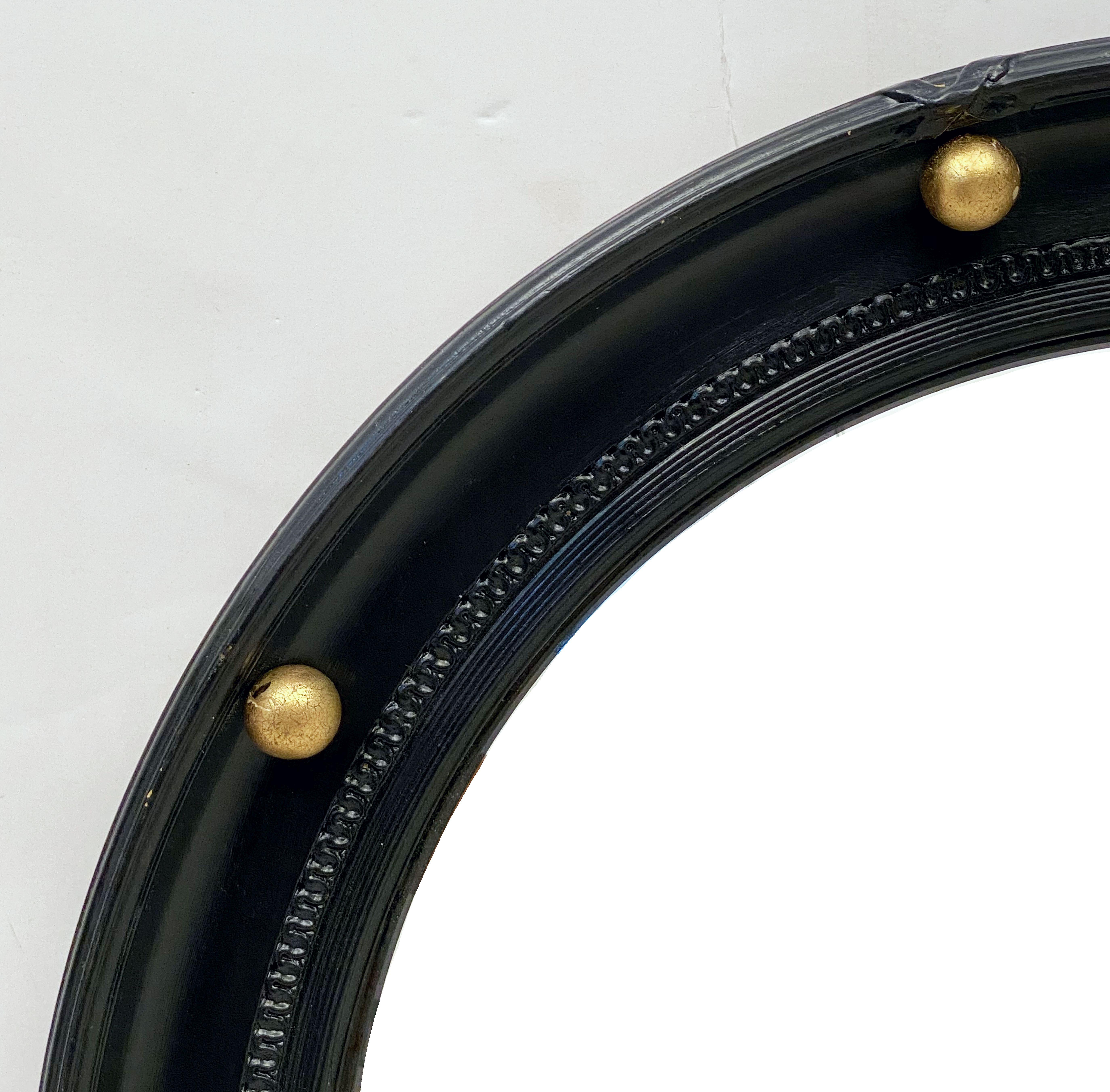 20th Century English Round Ebony Black and Gold Framed Convex Mirror