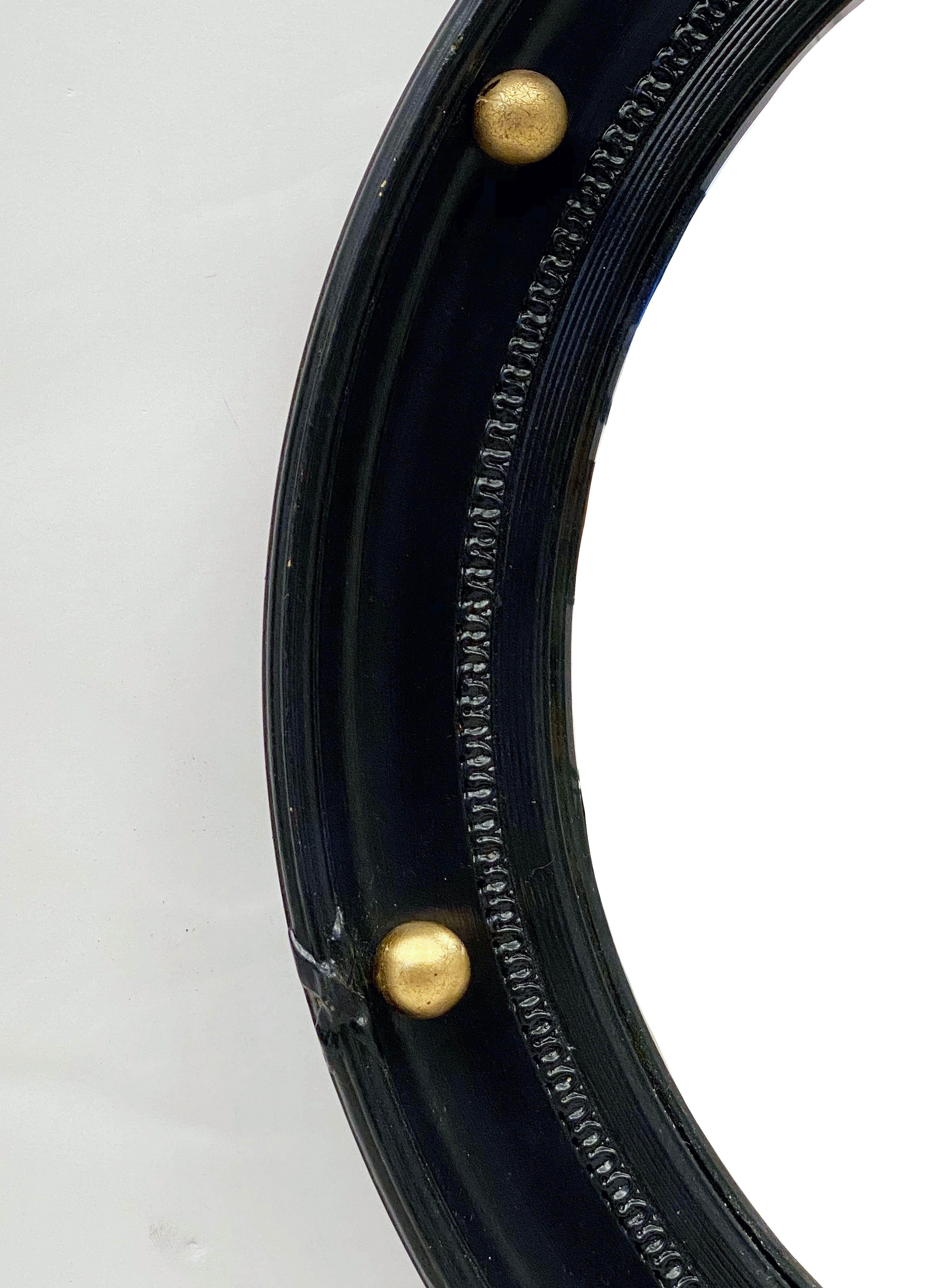 Glass English Round Ebony Black and Gold Framed Convex Mirror