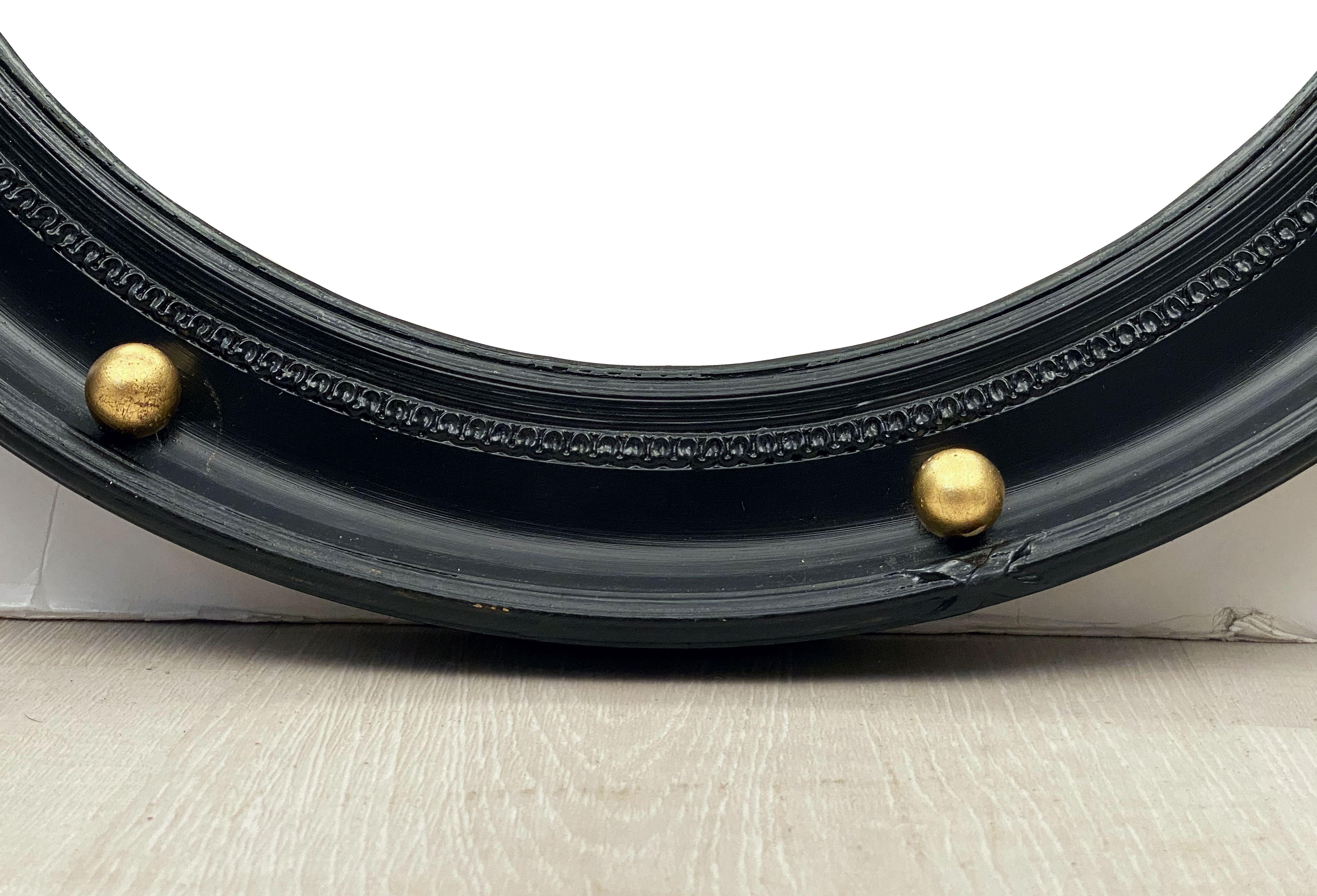 English Round Ebony Black and Gold Framed Convex Mirror 2