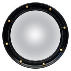Vintage English Round Ebony Black and Gold Framed Convex Mirror