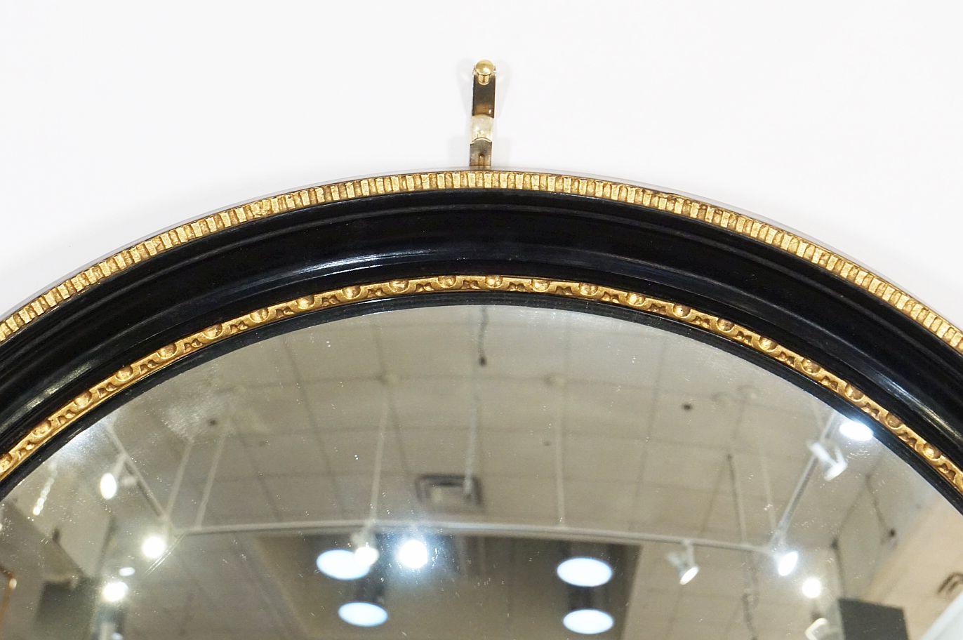 Regency English Round Ebony Black and Gold Framed Convex Mirror (Diameter 18 1/2) For Sale