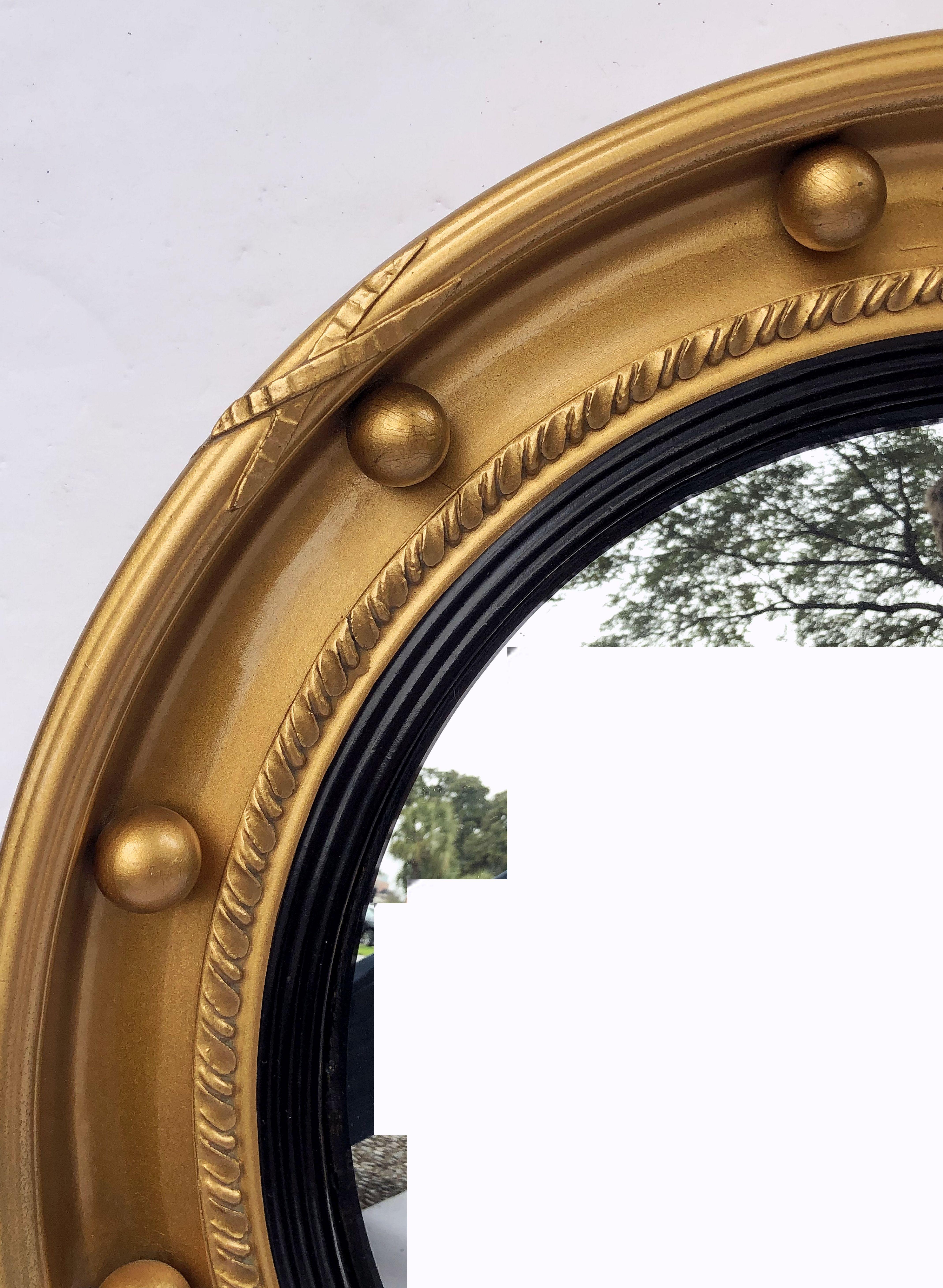 Ebonized English Round Gilt Framed Convex Mirror (Diameter 16)