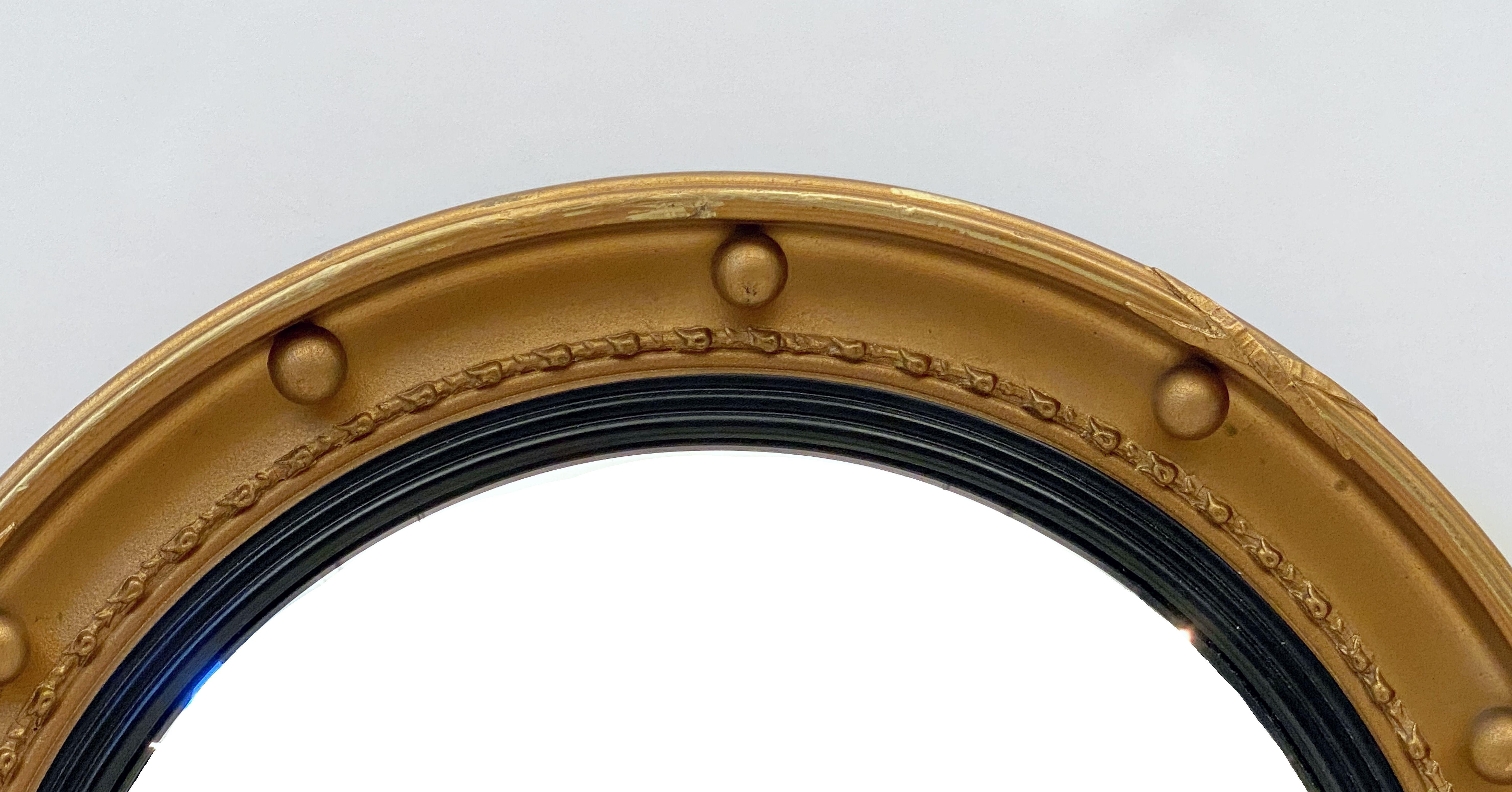 Ebonized English Round Gilt Framed Convex Mirror (Diameter 18 1/4)