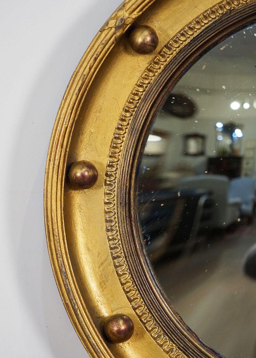 Glass English Round Gilt Framed Convex Mirror in the Regency Style (Diameter 13 3/4) For Sale