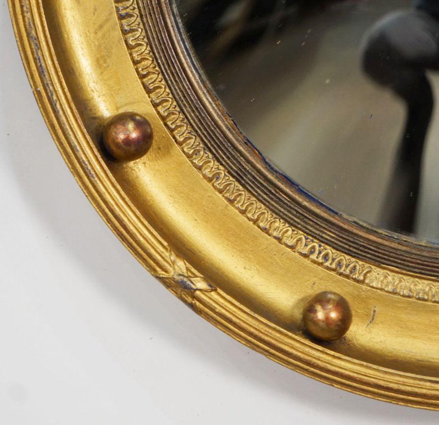 English Round Gilt Framed Convex Mirror in the Regency Style (Diameter 13 3/4) For Sale 1