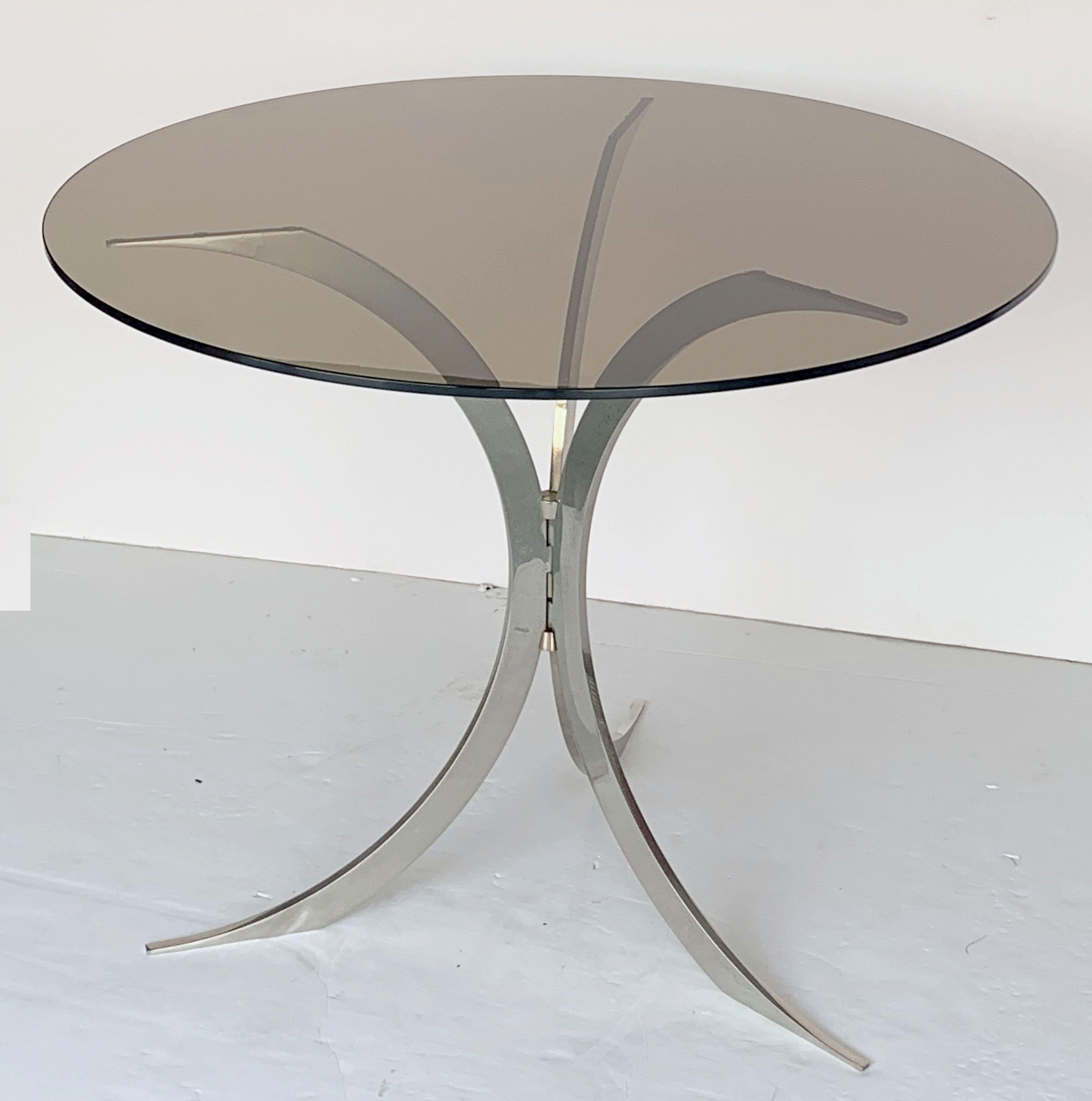 Round Occasional Table of Chrome Metal with Smoked Glass Top from England 4
