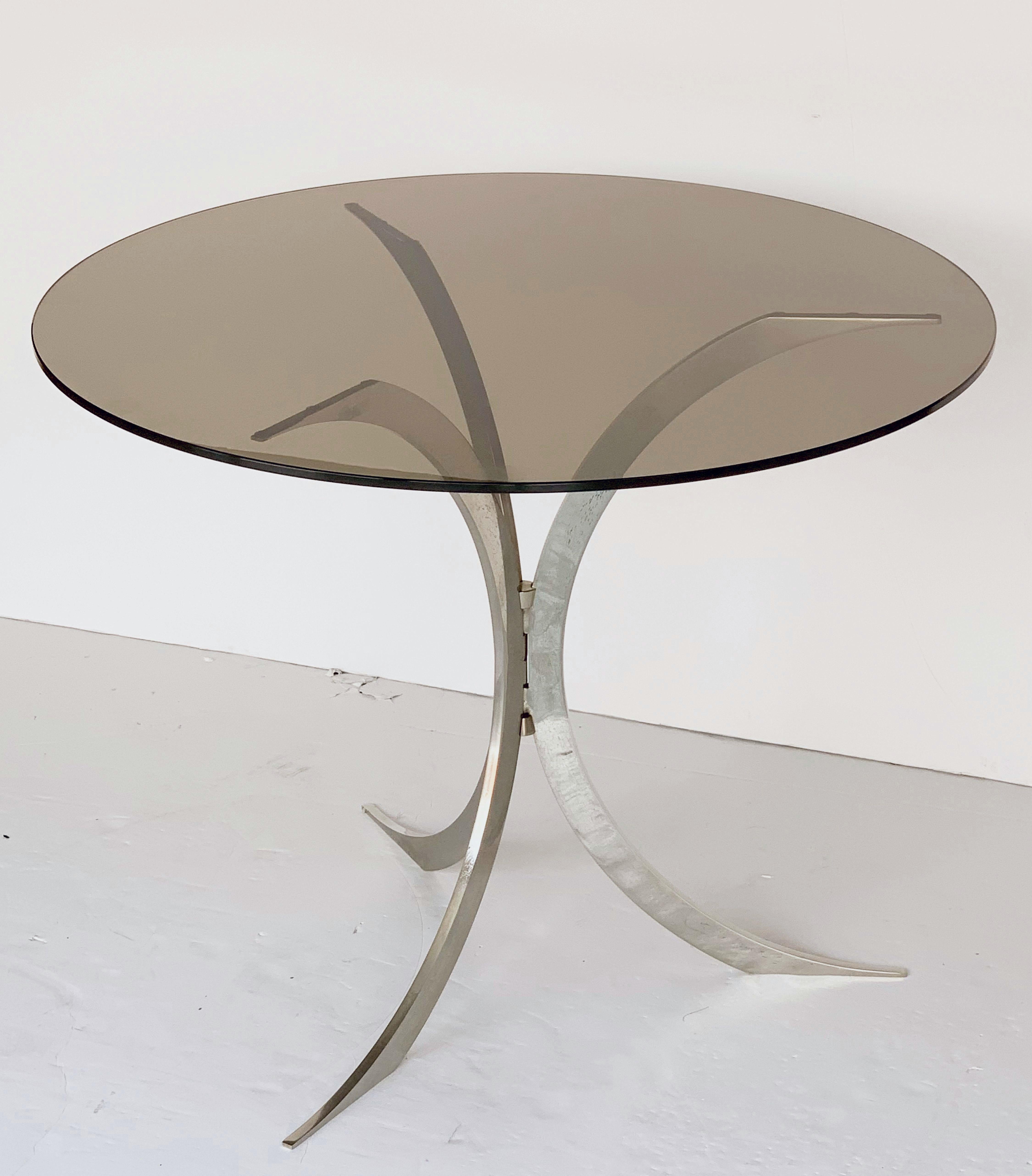 Round Occasional Table of Chrome Metal with Smoked Glass Top from England 8