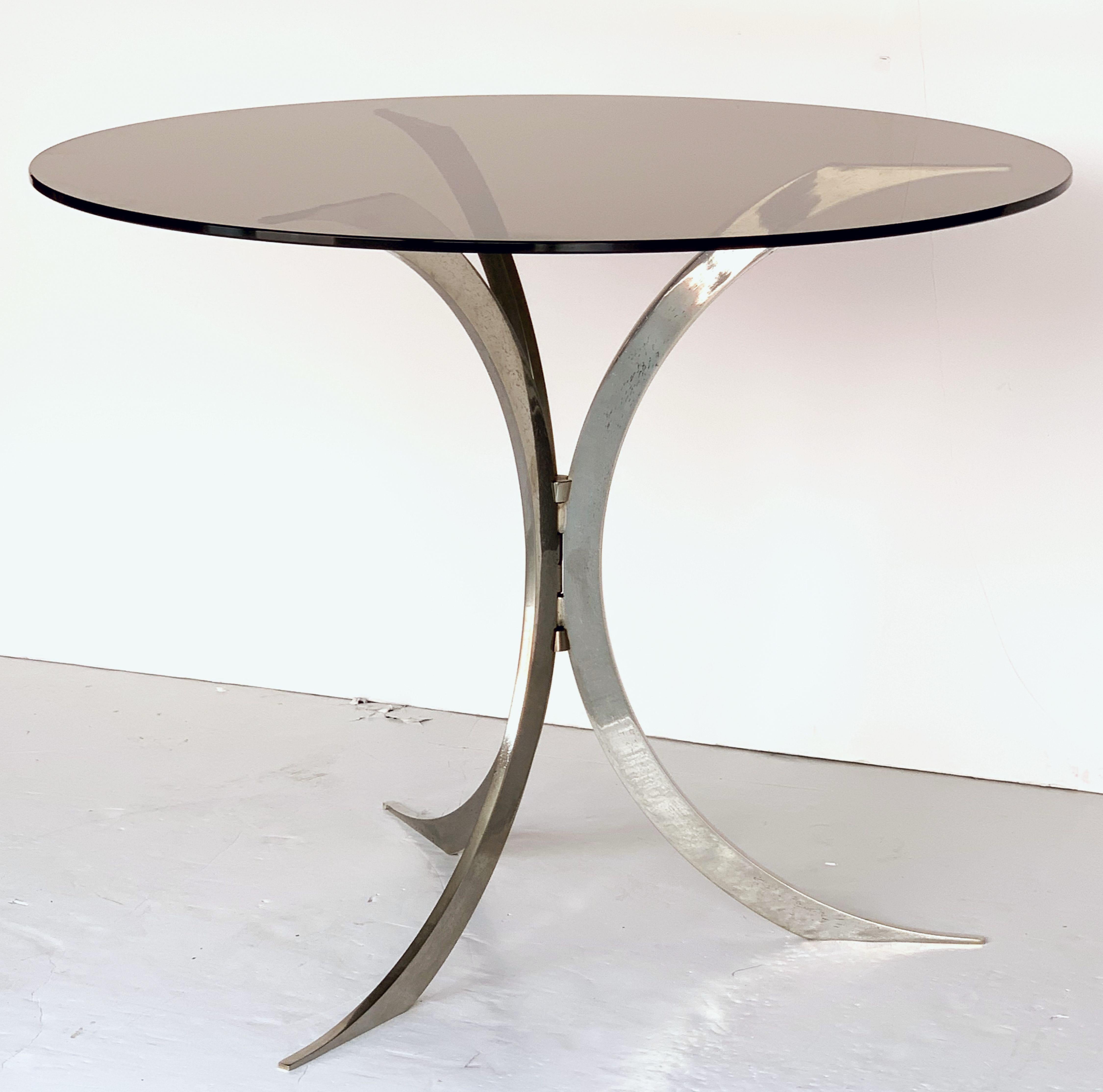 English Round Occasional Table of Chrome Metal with Smoked Glass Top from England