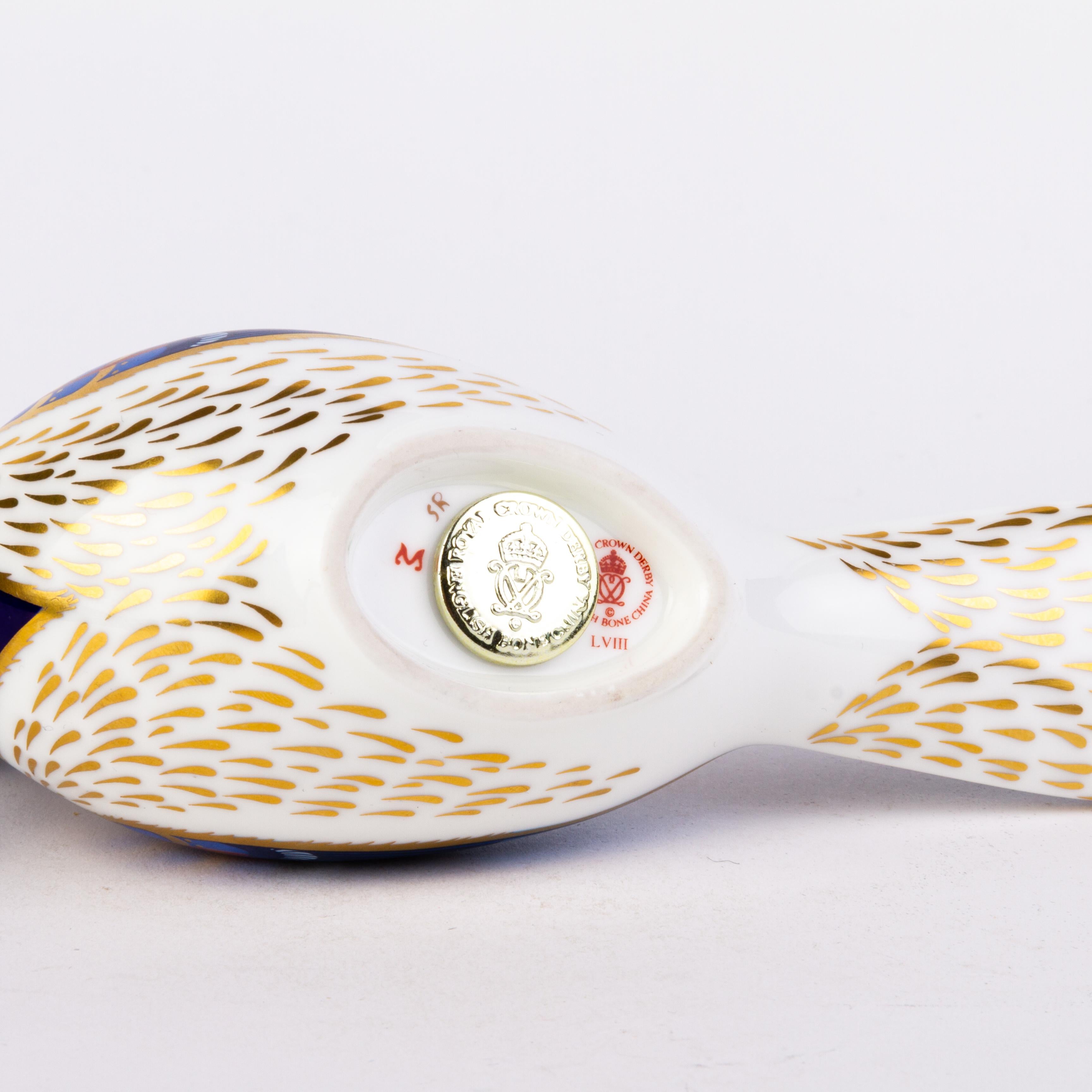 20th Century English Royal Crown Derby 24K Gold Porcelain Desk Paperweight Blue Jay Bird