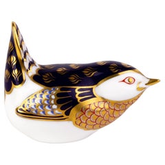 English Royal Crown Derby 24K Gold Porcelain Desk Paperweight Wren Bird