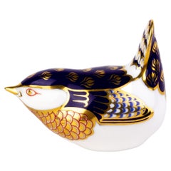 Vintage English Royal Crown Derby 24K Gold Porcelain Desk Paperweight Wren Bird