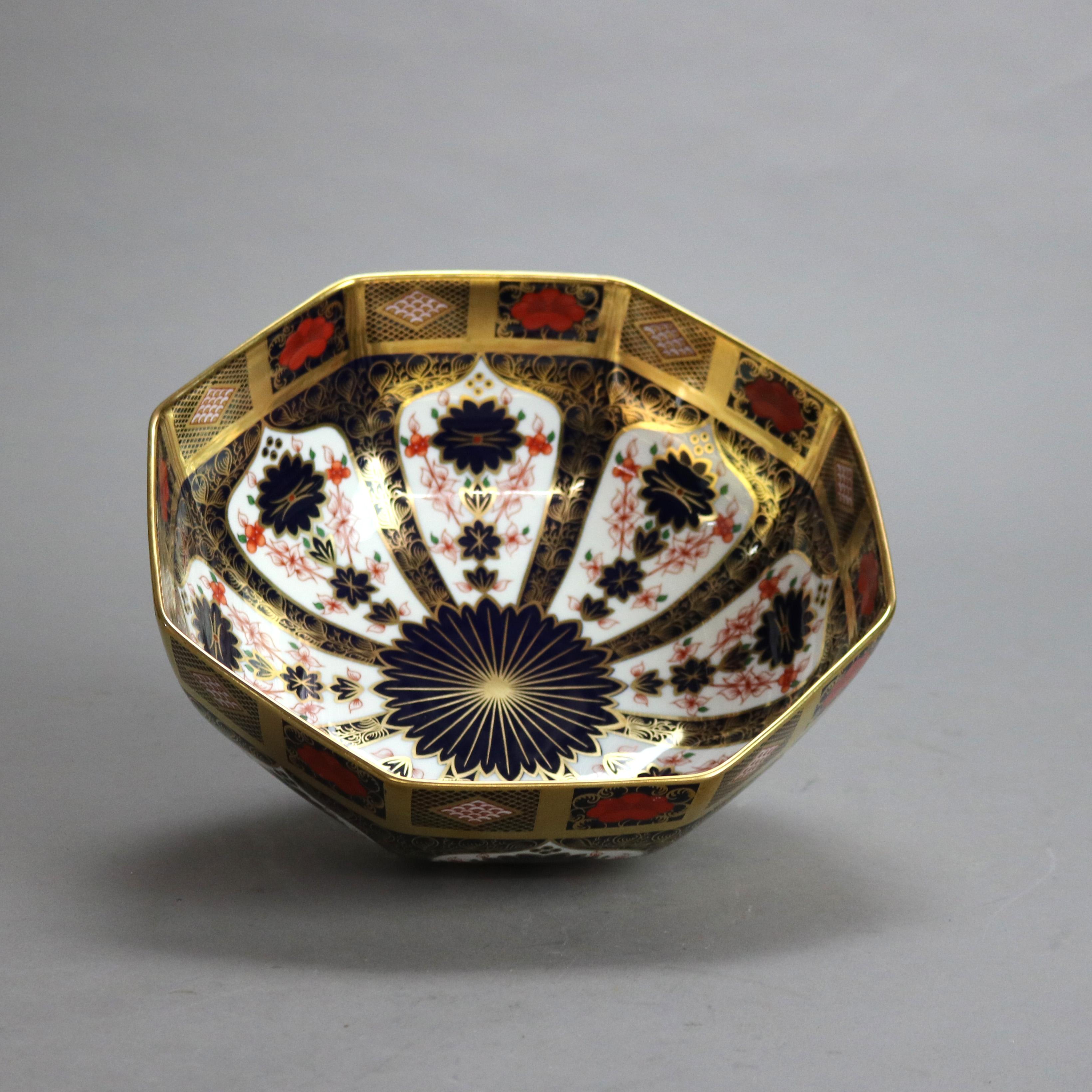 English Royal Crown Derby Old Imari Bone China Gilt Octagonal Bowl with Seal 20thC

Measures - 9 3/8