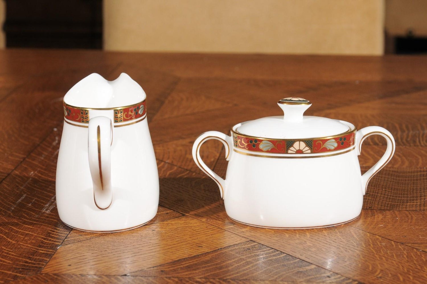 English Royal Crown Derby Porcelain Creamer and Sugar with Cloisonné  Patterns at 1stDibs