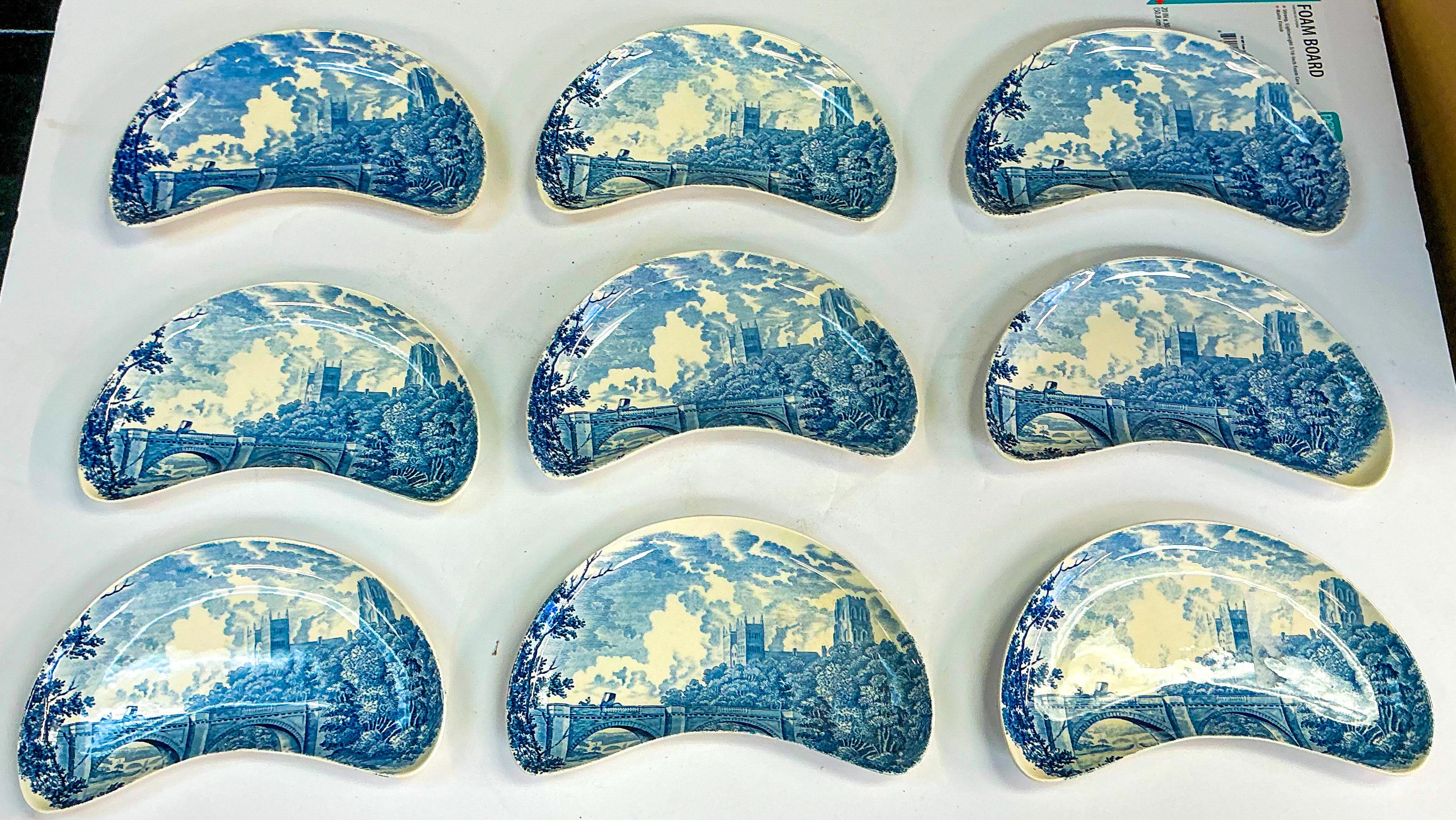 Victorian English Royal Worcester Blue & White Transferware Porcelain Bone Dishes - S/9 For Sale