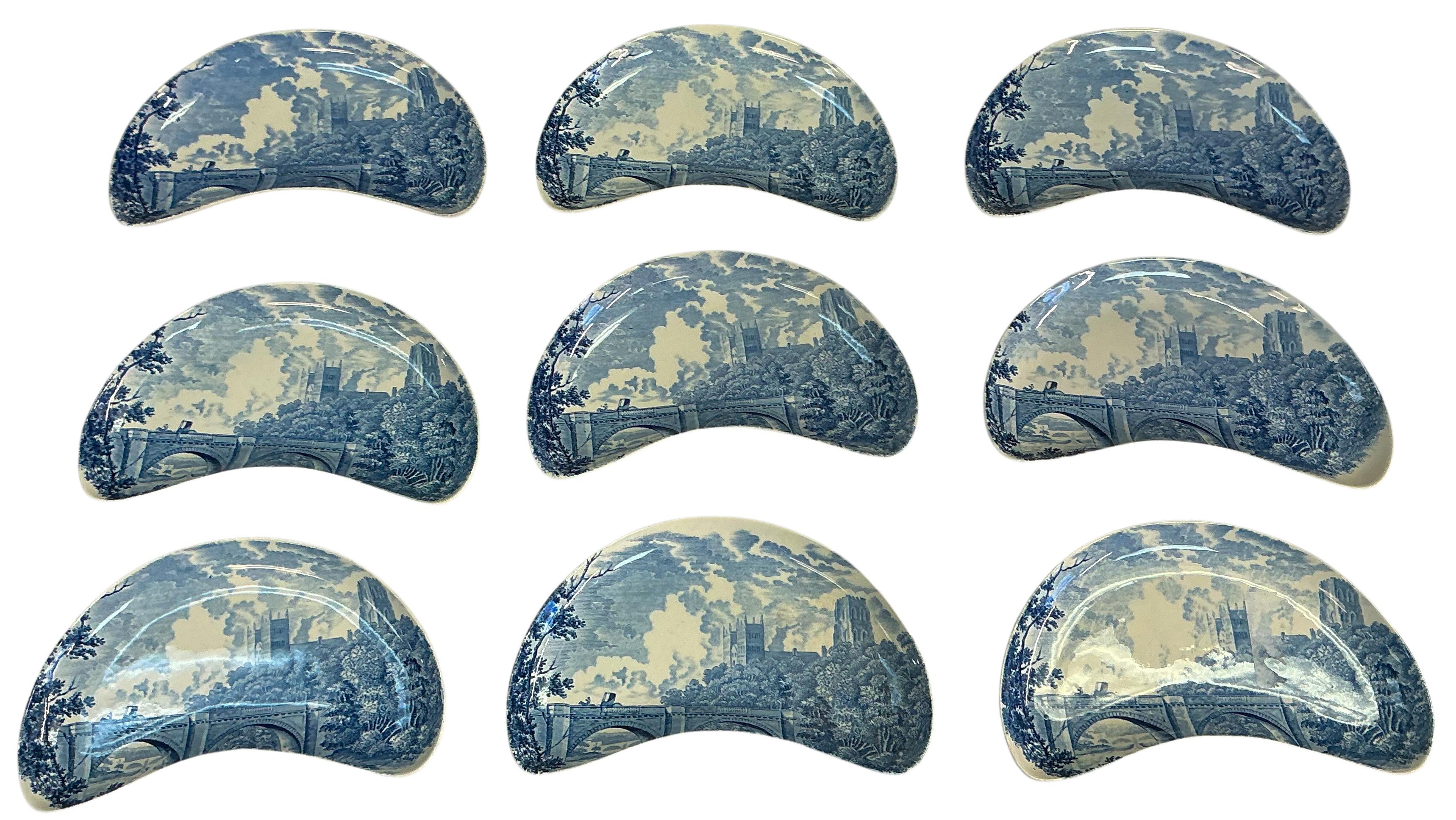 20th Century English Royal Worcester Blue & White Transferware Porcelain Bone Dishes - S/9 For Sale