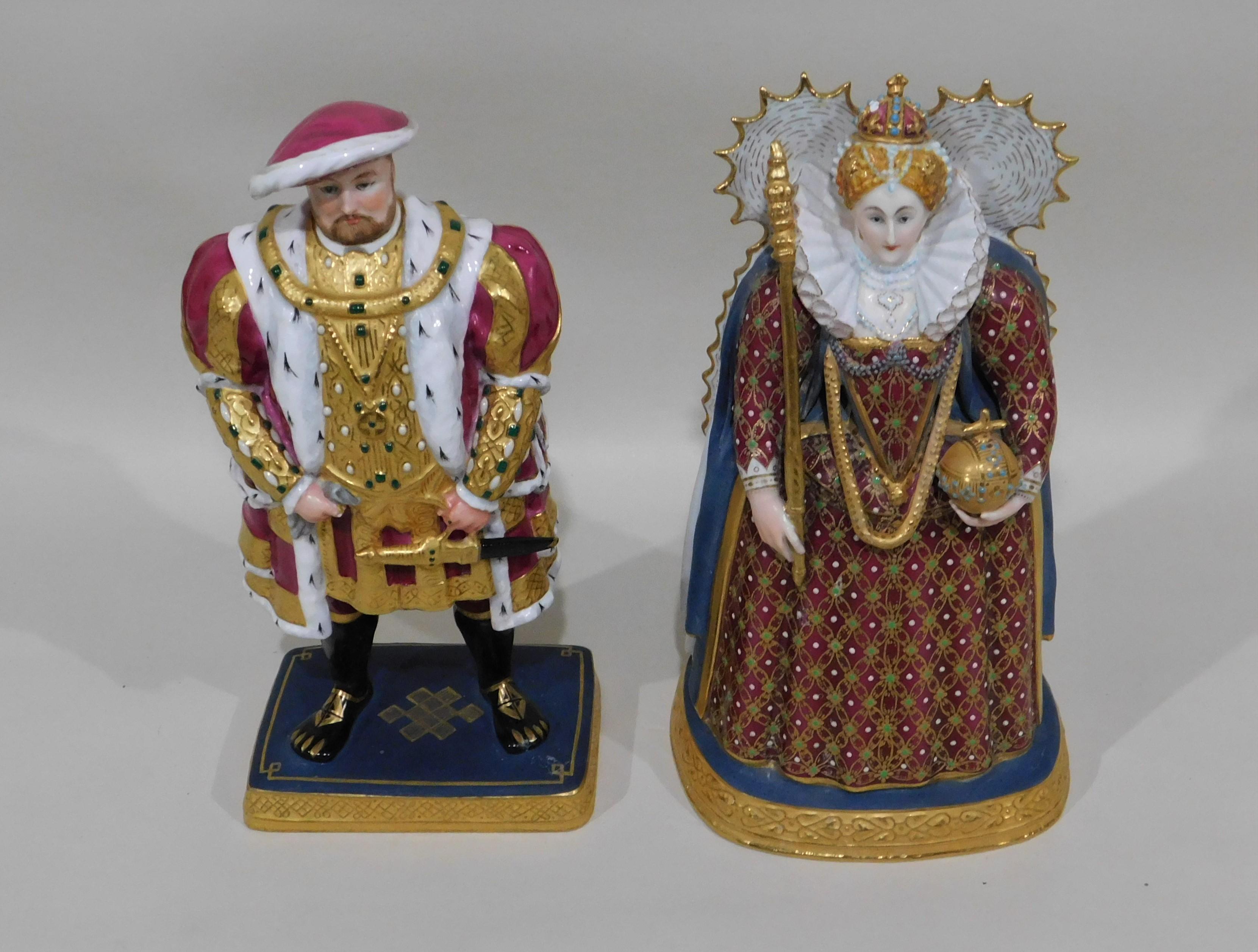 Two rare circa 1920 British Royal Worcester historical figures series ornamental figurines. Henry VIII figure after Holbein number 2367, marked on the bottom with the number 656983 and is nine inches high. Queen Elizabeth figure after a contemporary