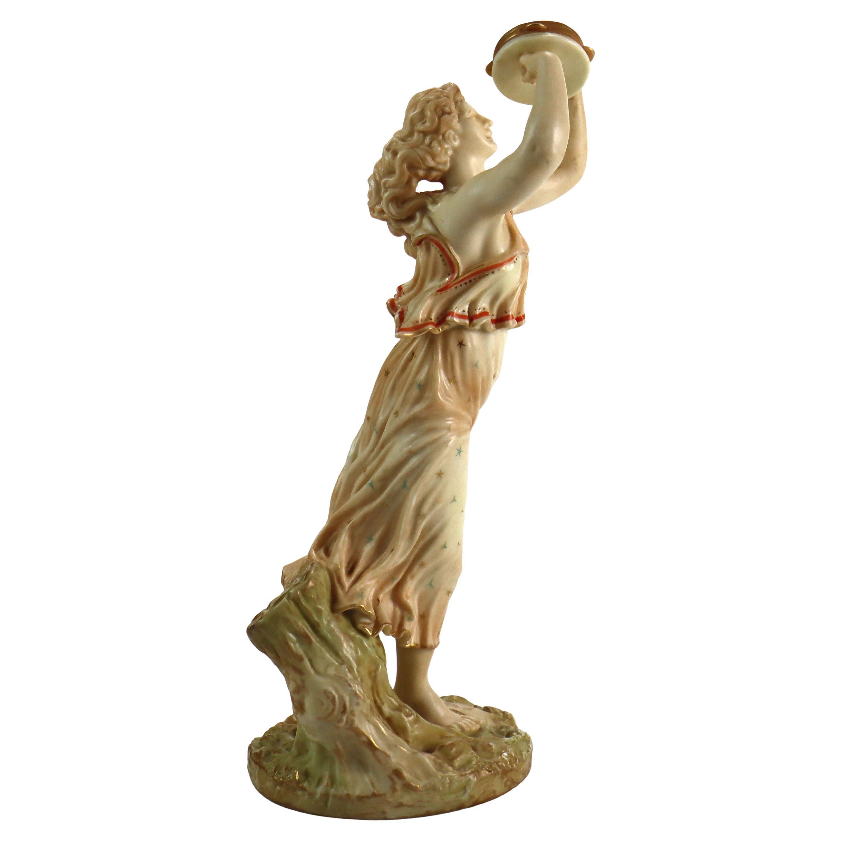 English Royal Worcester Porcelain Figure of Classical Woman & Tambourine c1890