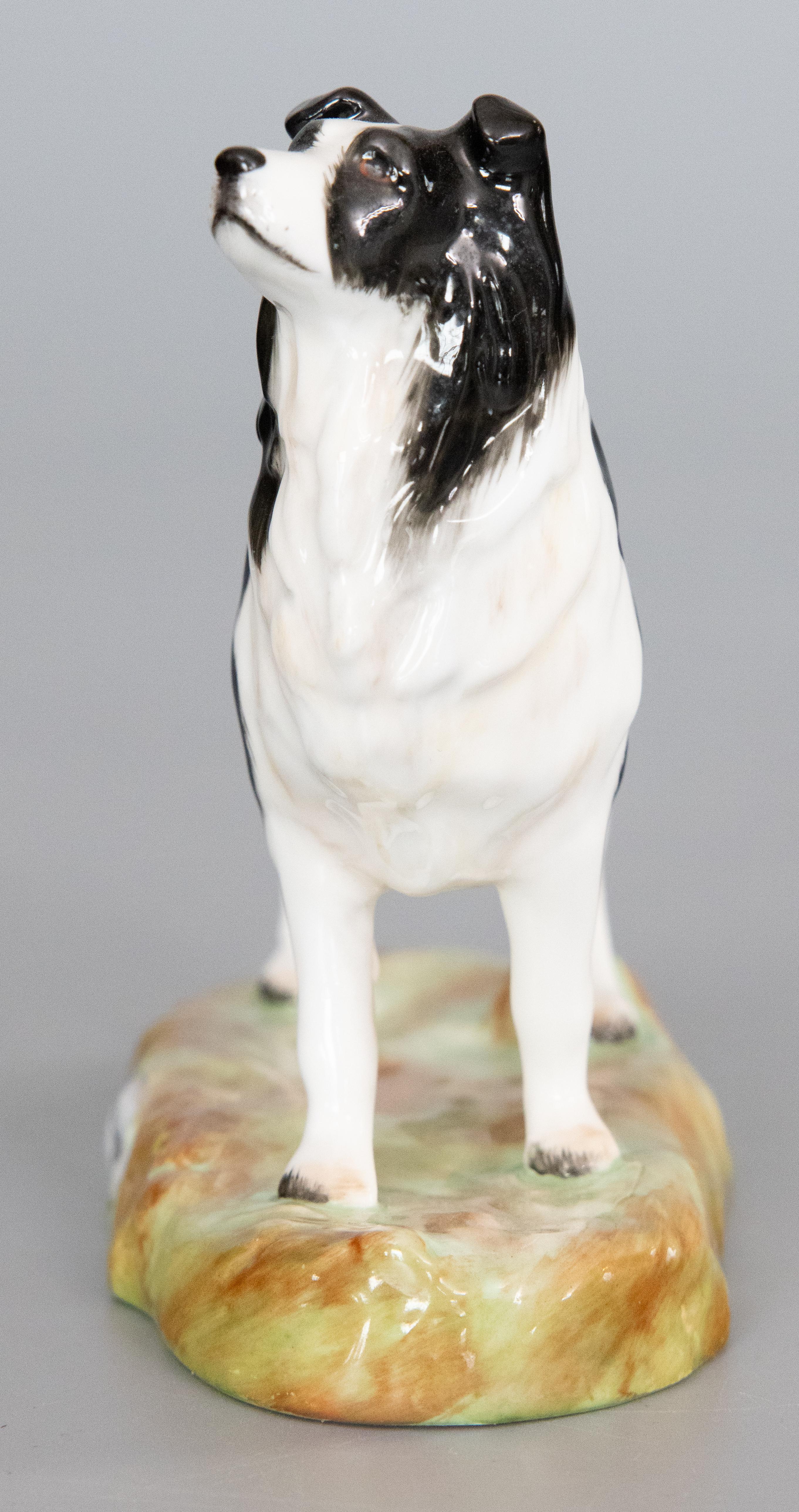 A rare vintage English Royale Stratford Staffordshire porcelain border collie dog figurine, circa 1950. Maker's mark on reverse and signed by the artist. This charming fellow is hand painted with fine details and would be perfect for the dog lover