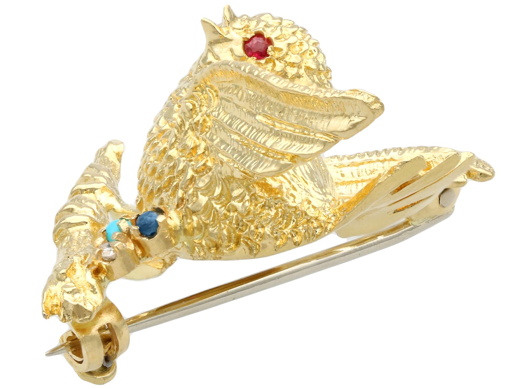 Round Cut English Ruby Sapphire Turquoise Diamond Yellow Gold Bird Brooch, 1971 For Sale